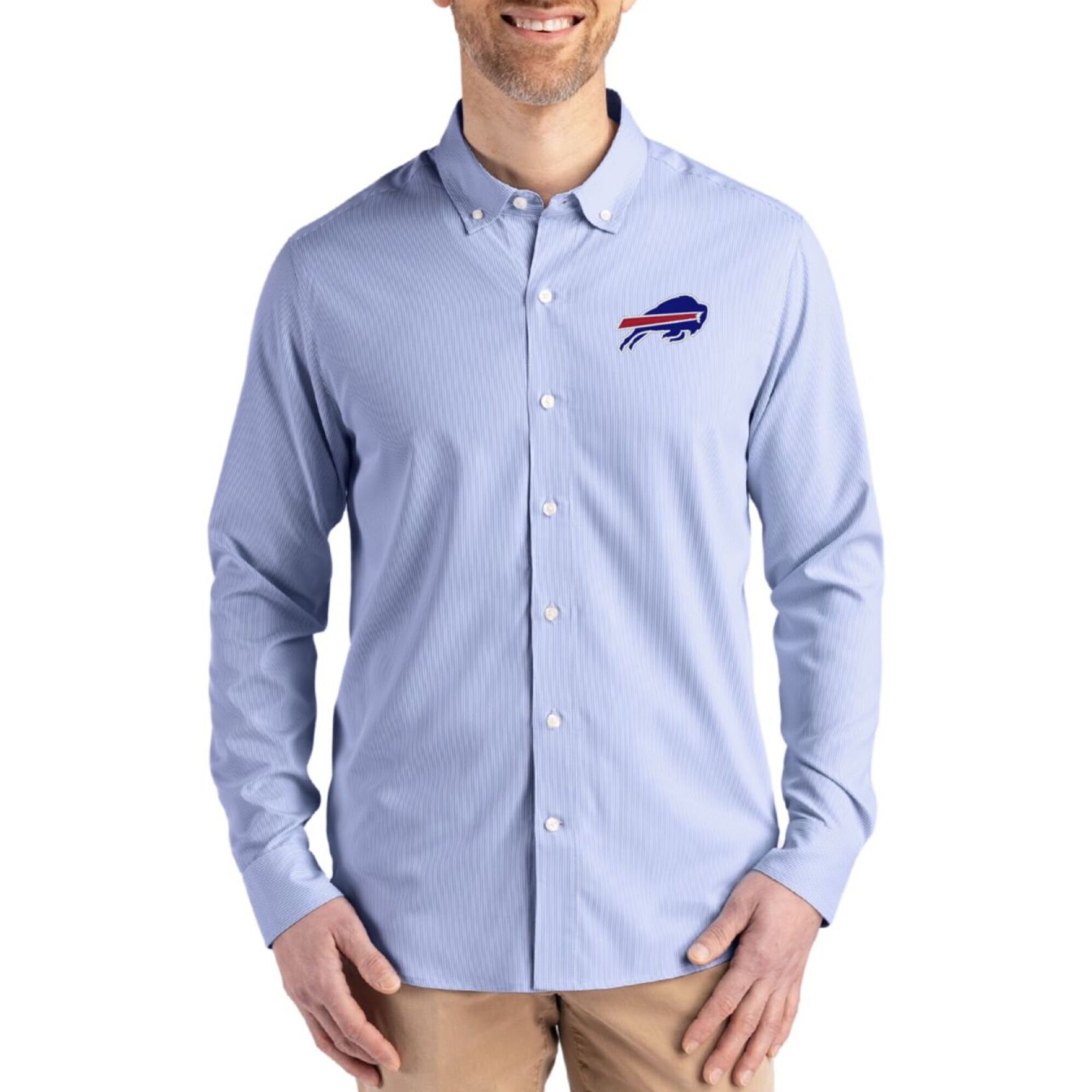 Men's Cutter & Buck Blue Buffalo Bills Skyline Epic Confidence Recycled Pinstripe Long Sleeve Dress Shirt