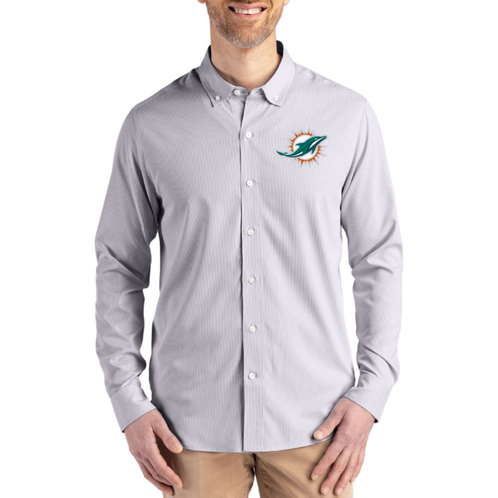 Men’s Cutter & Buck Gray Miami Dolphins Skyline Epic Confidence Recycled Pinstripe Long Sleeve Dress Shirt Men’s Cutter & Buck Gray Miami Dolphins Skyline Epic Confidence Recycled Pinstripe Long Sleeve Dress Shirt