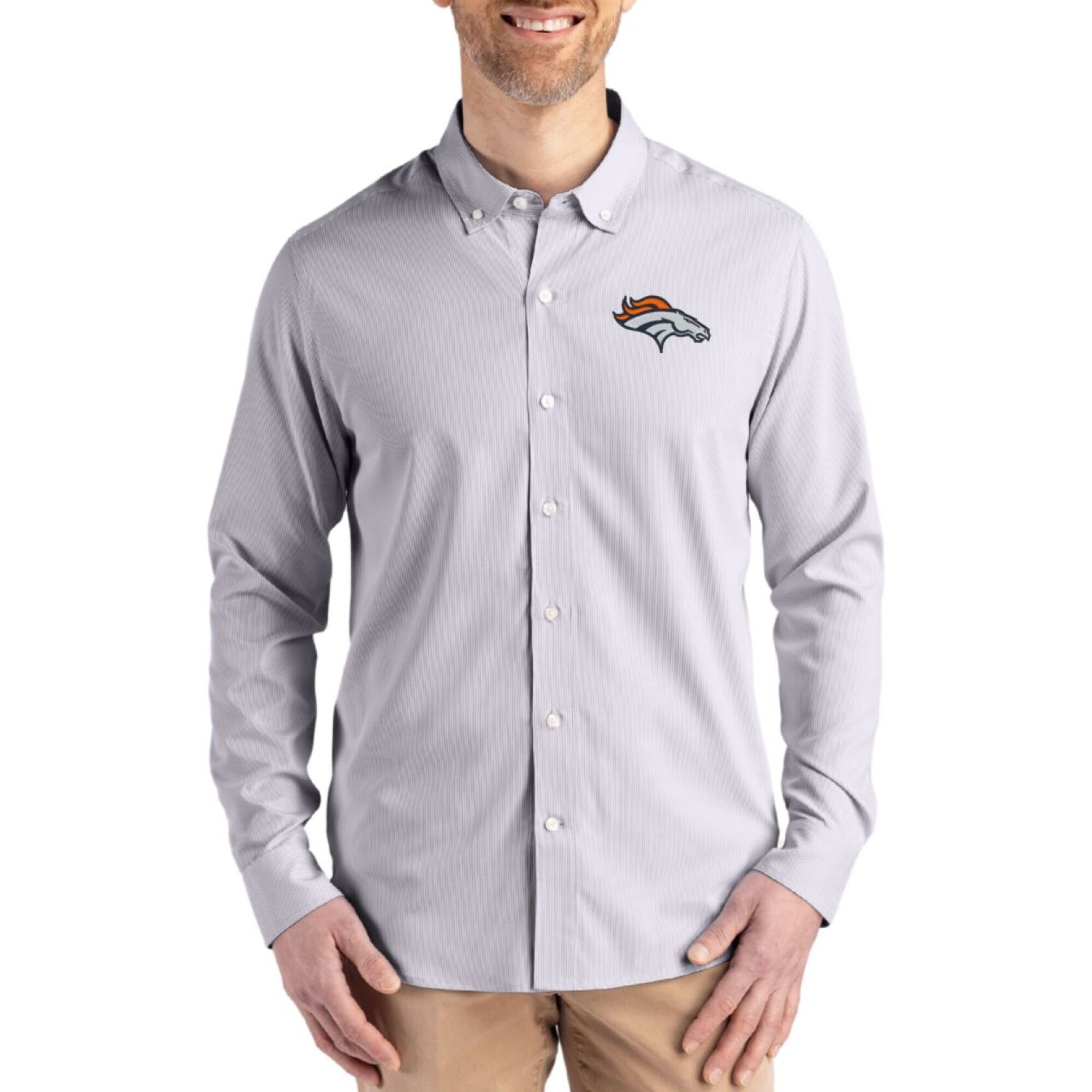 Men's Cutter & Buck Gray Denver Broncos Skyline Epic Confidence Recycled Pinstripe Long Sleeve Dress Shirt