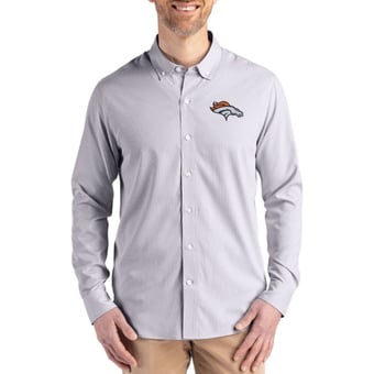 Men's Cutter & Buck Gray Denver Broncos Skyline Epic Confidence Recycled Pinstripe Long Sleeve Dress Shirt