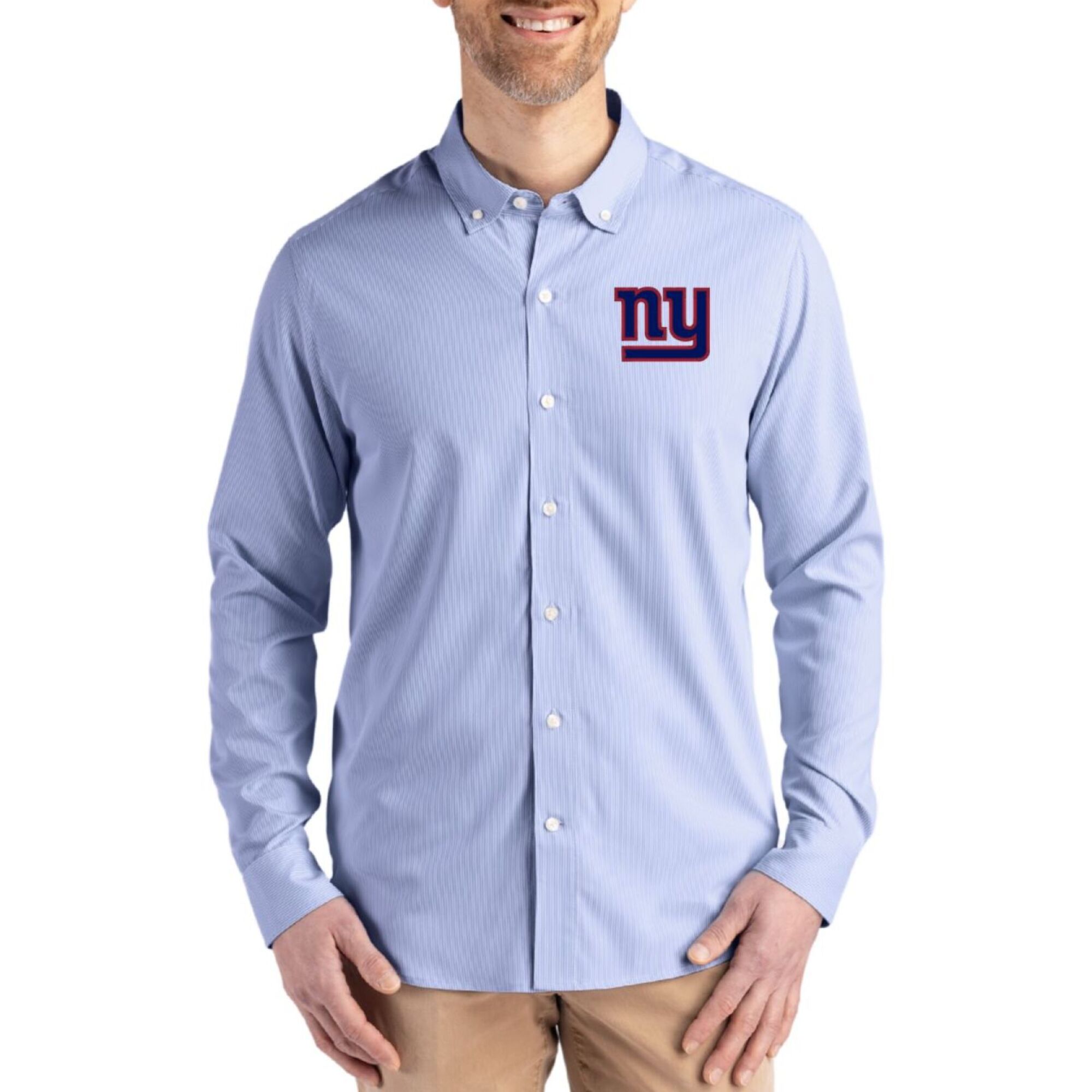 Men's Cutter & Buck Blue New York Giants Skyline Epic Confidence Recycled Pinstripe Long Sleeve Dress Shirt