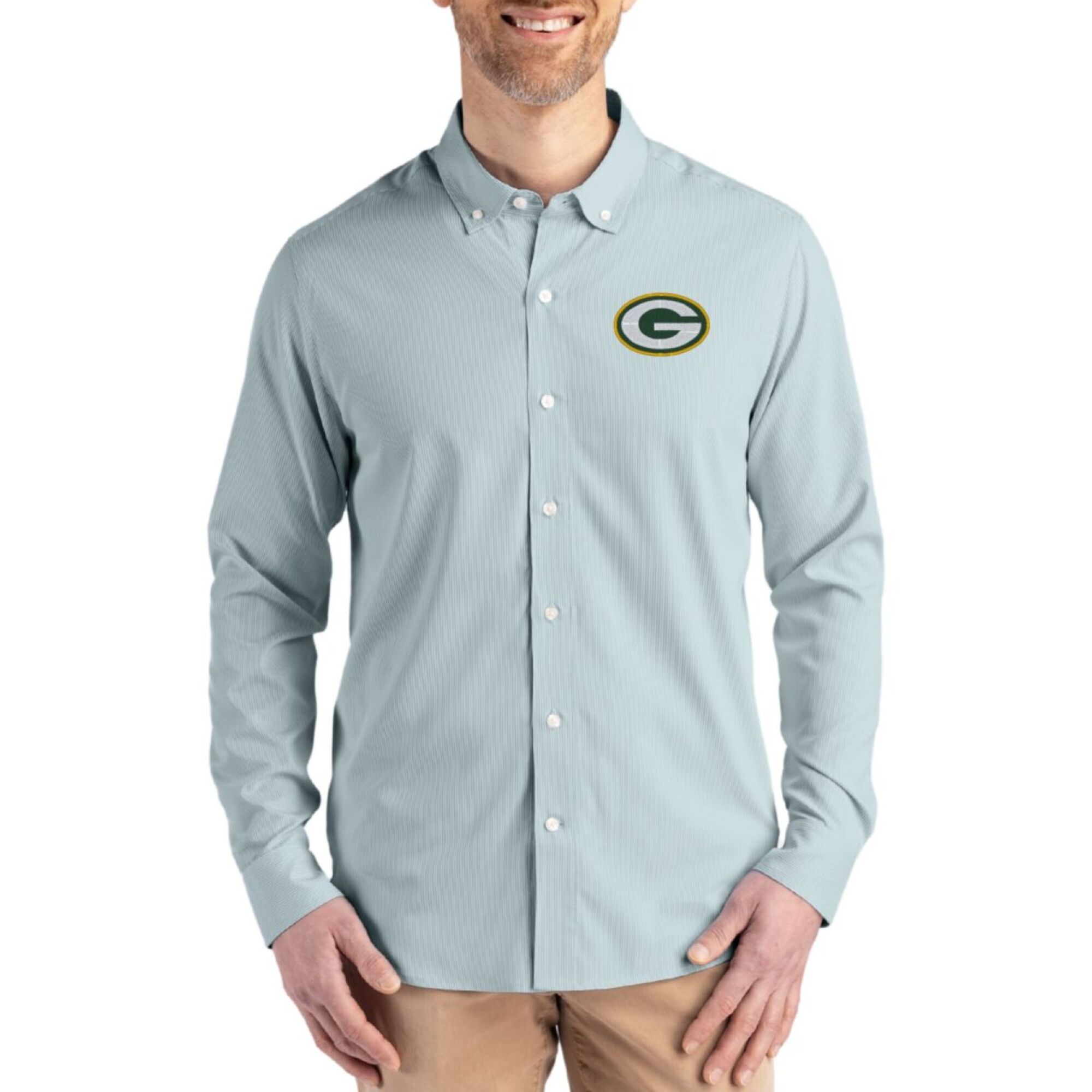 Men's Cutter & Buck Green Green Bay Packers Skyline Epic Confidence Recycled Pinstripe Long Sleeve Dress Shirt