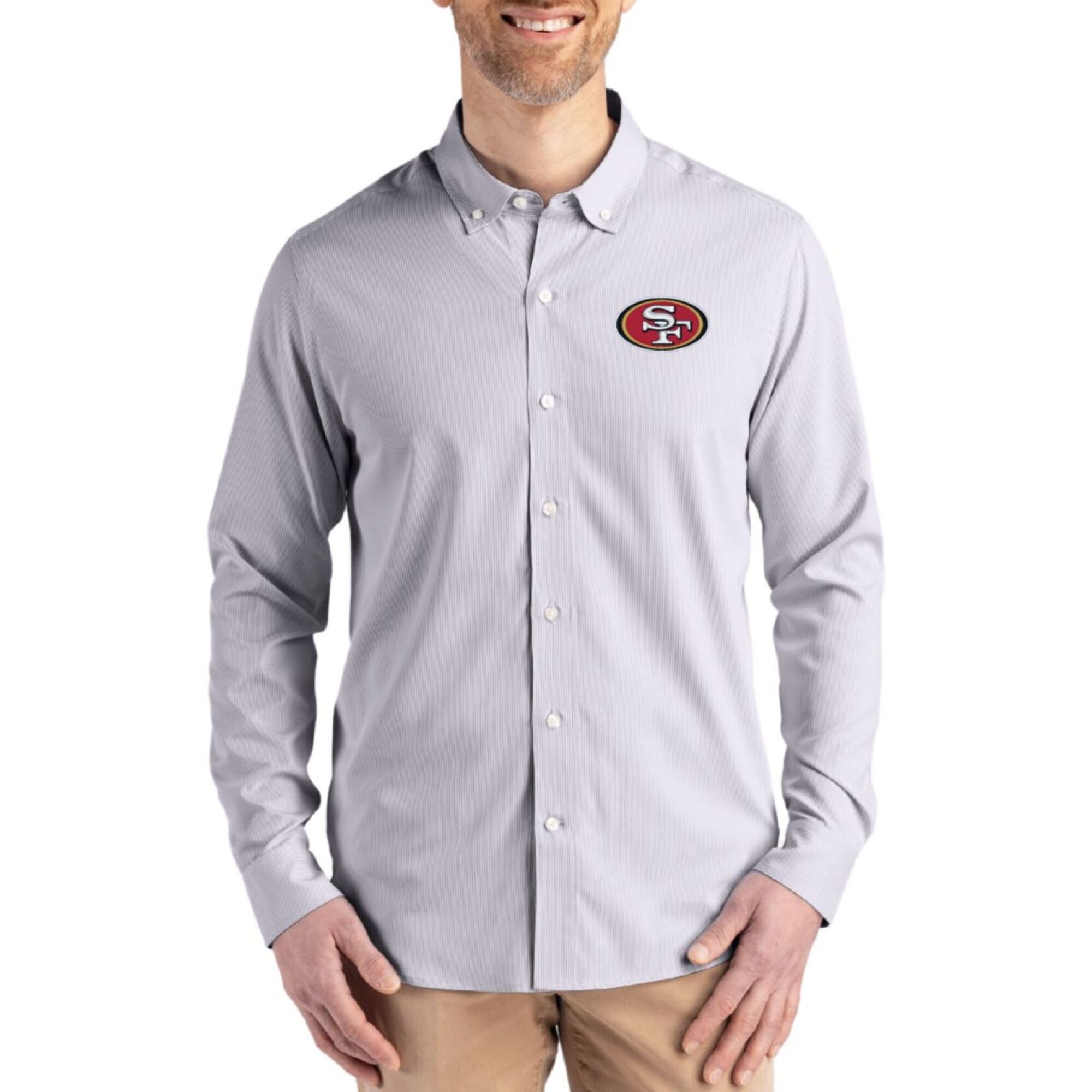 Men's Cutter & Buck Gray San Francisco 49ers Skyline Epic Confidence Recycled Pinstripe Long Sleeve Dress Shirt