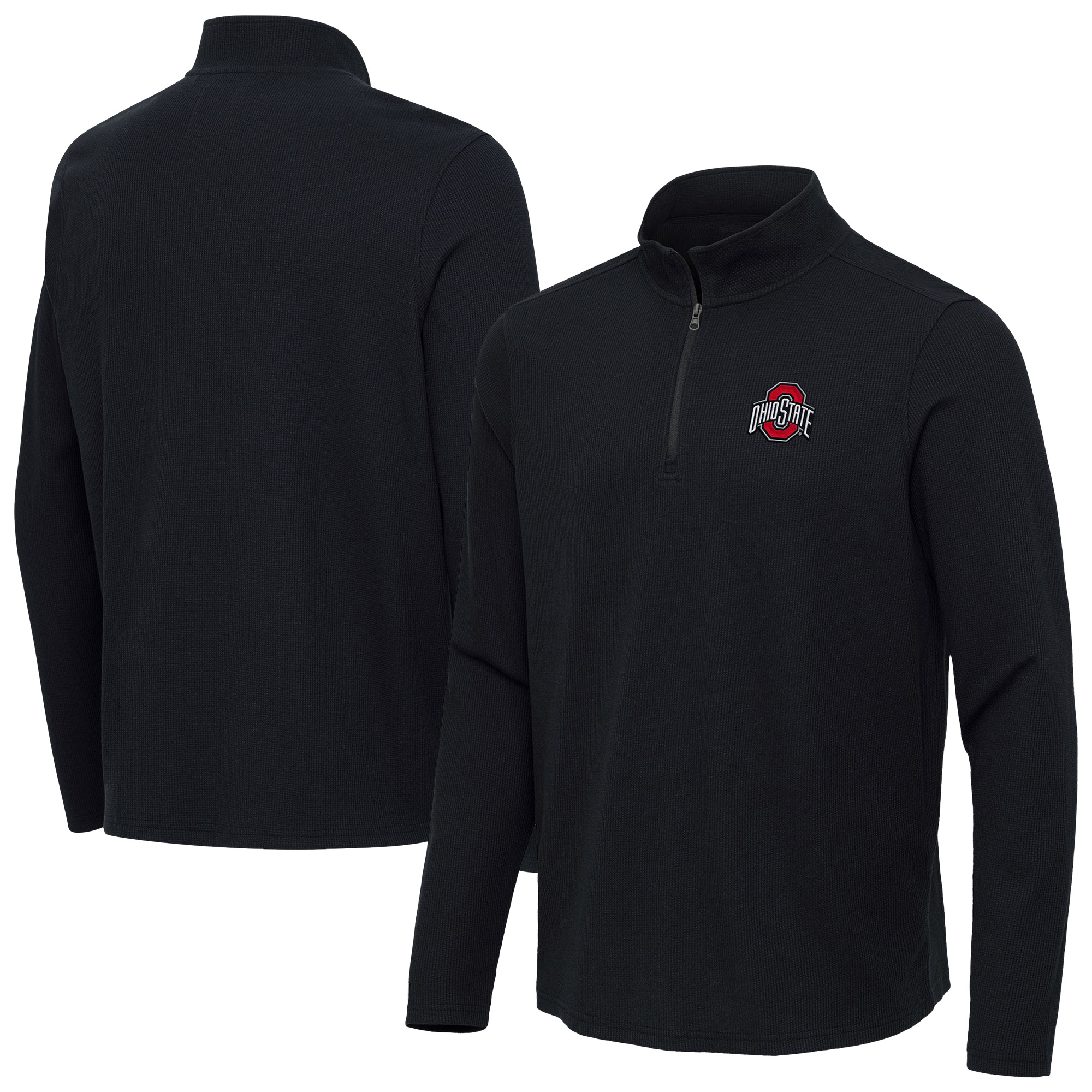 Men's Antigua Heather Black Ohio State Buckeyes Sync Quarter-Zip Waffle-Knit Tri-Blend Pullover