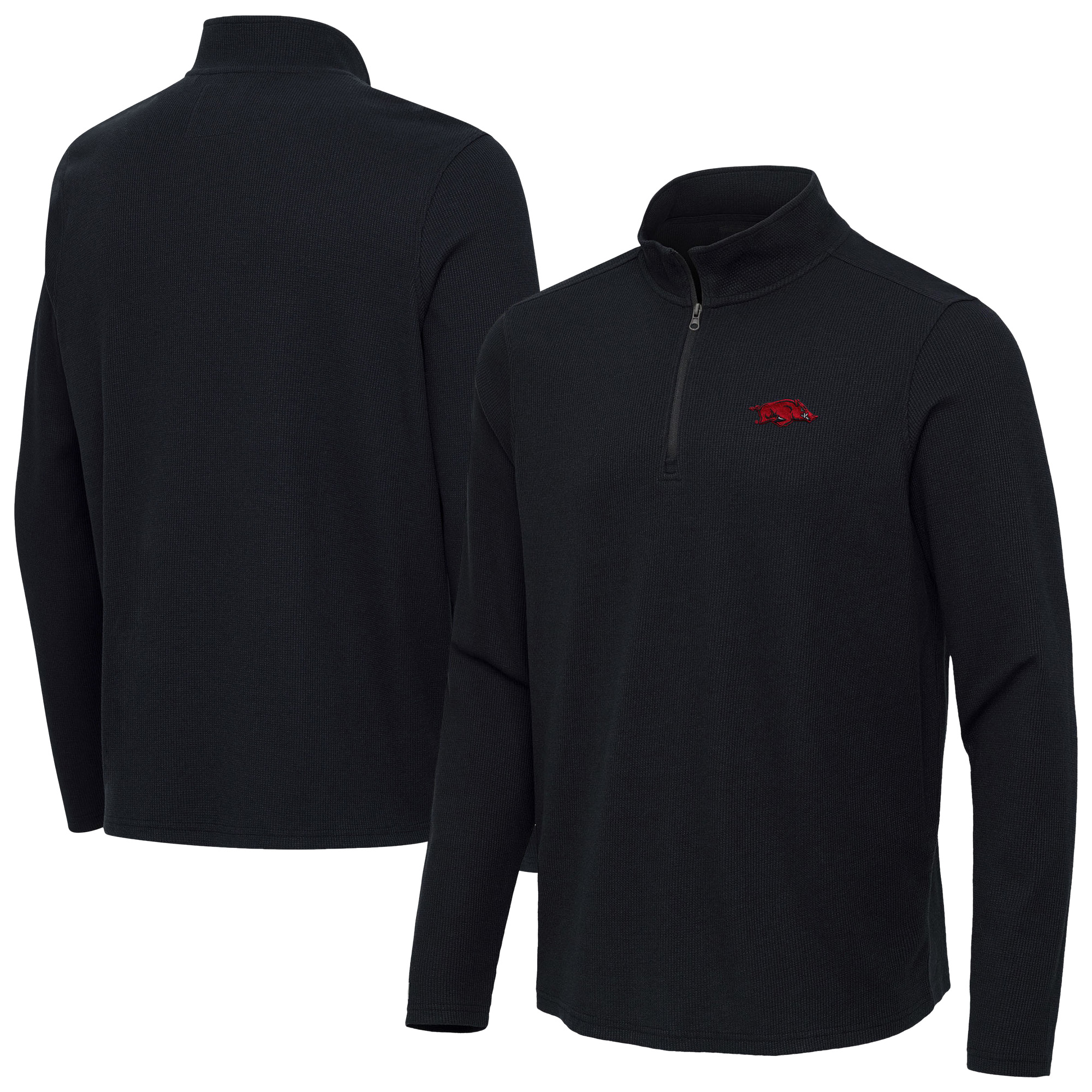 Men's Antigua Heather Black Arkansas Razorbacks Sync Quarter-Zip Waffle-Knit Tri-Blend Pullover