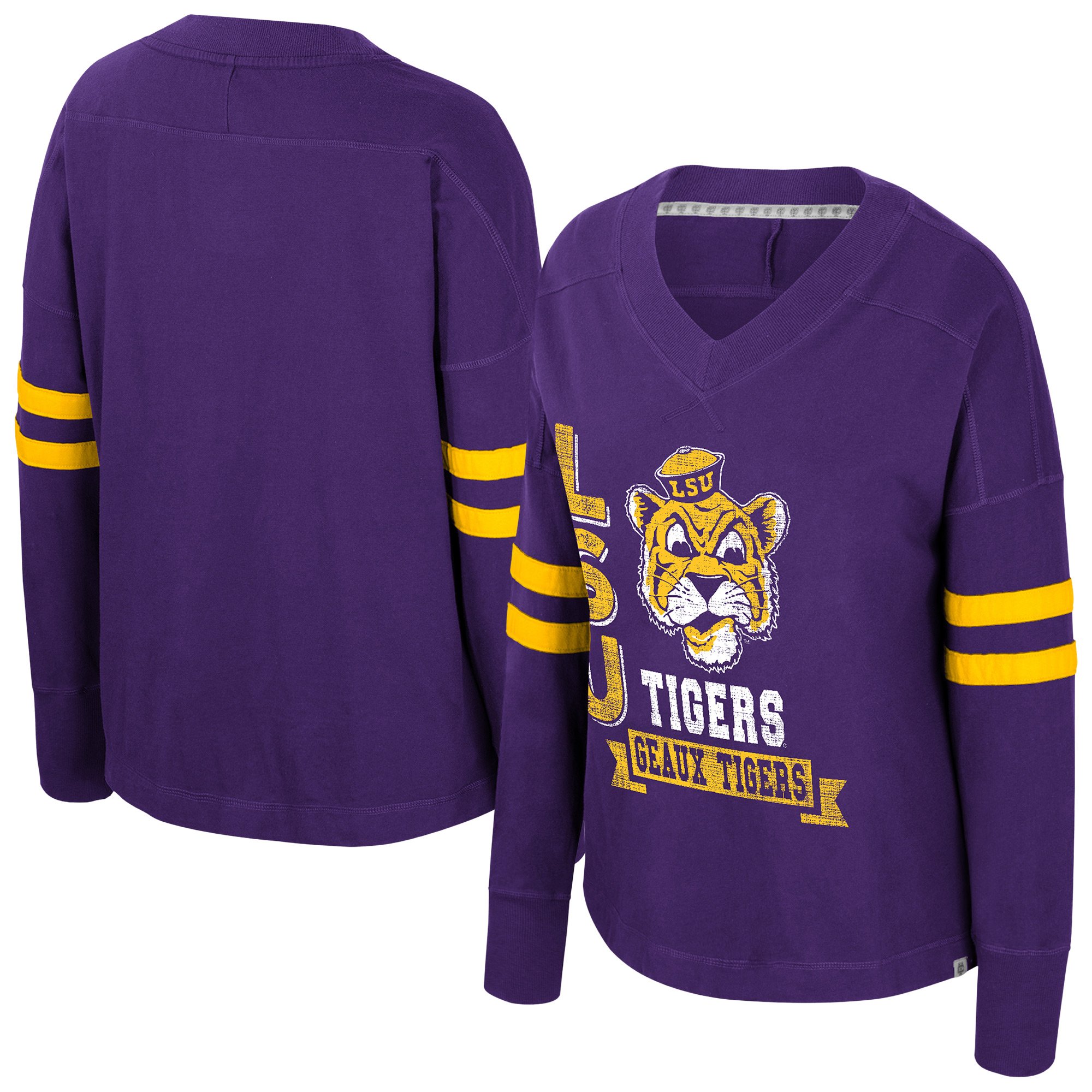Women's Colosseum Purple LSU Tigers Oversized Violet Distressed V-Neck Long Sleeve T-Shirt