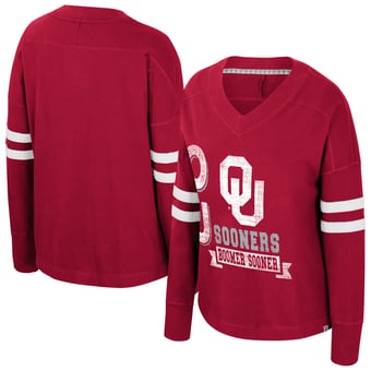 Women's Colosseum  Crimson Oklahoma Sooners Oversized Violet Distressed V-Neck Long Sleeve T-Shirt