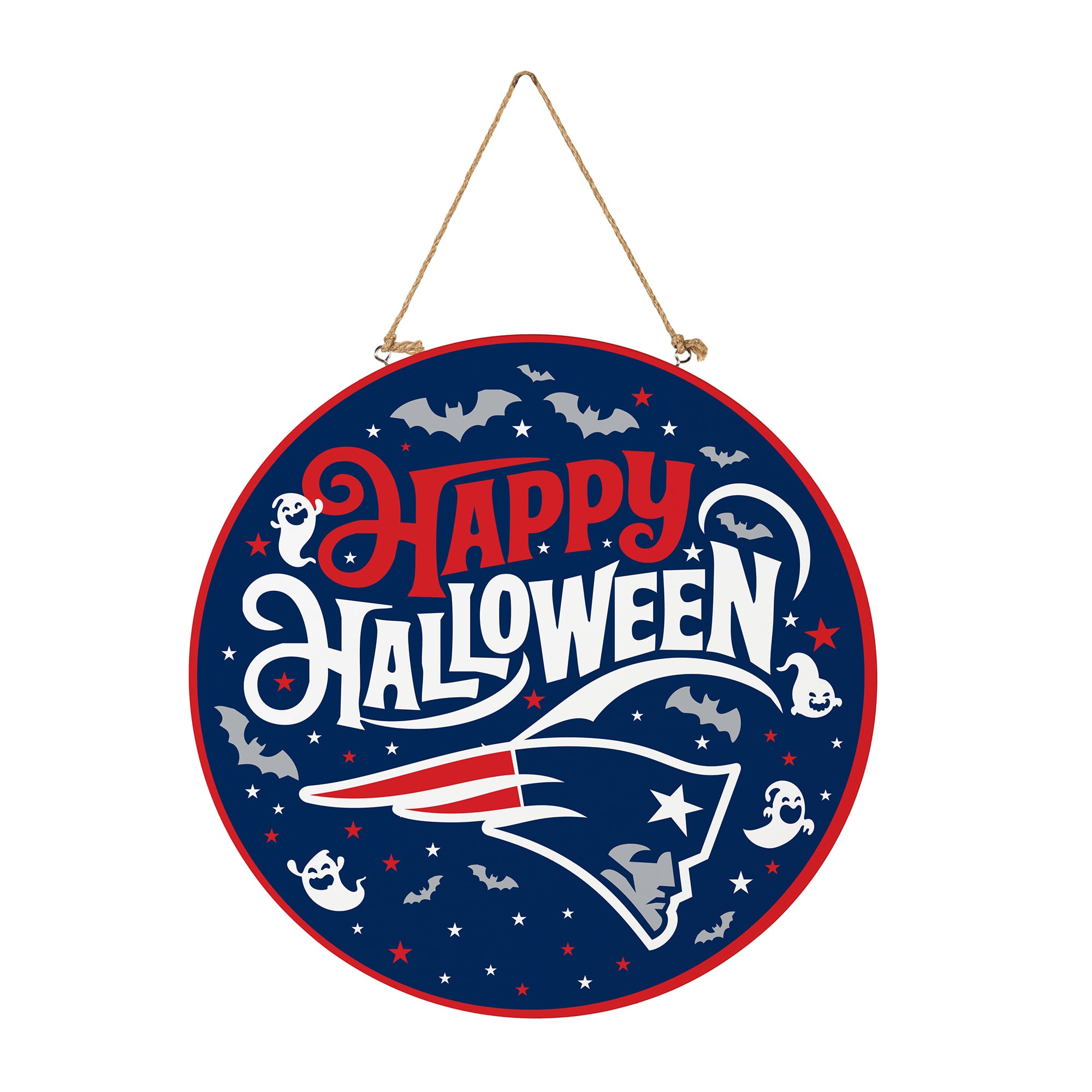 New England Patriots 18″ Happy Halloween Wooden Round Door Sign