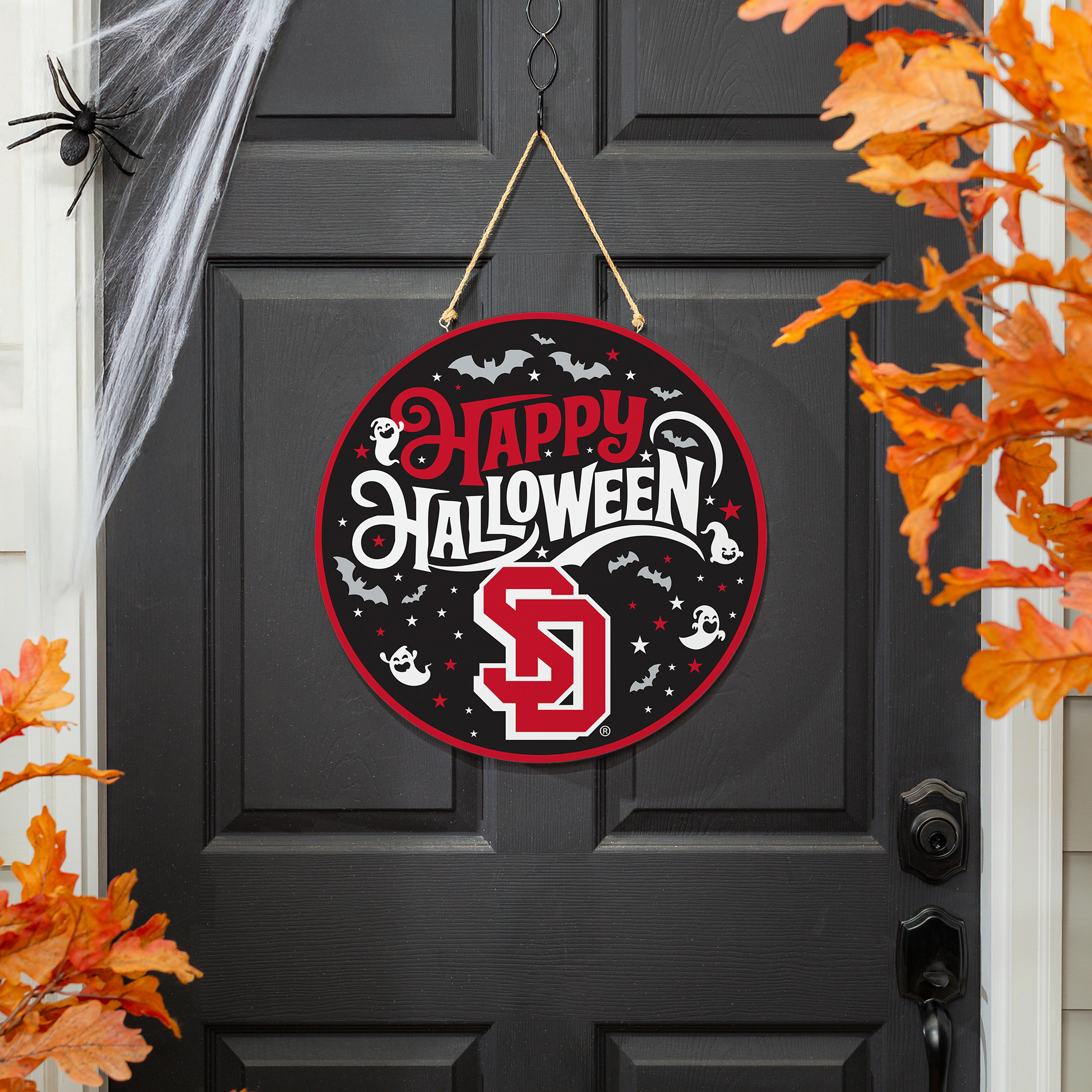 South Dakota Coyotes 18" Happy Halloween Wooden Round Door Sign
