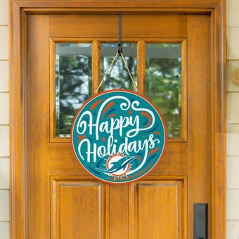Miami Dolphins 18" Happy Holidays Wooden Round Door Sign