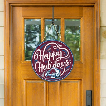 "Colorado Avalanche 18"" Happy Holidays Wooden Round Door Sign"