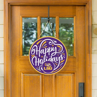LSU Tigers 18" Happy Holidays Wooden Round Door Sign