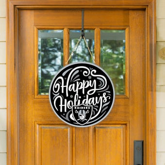 "Las Vegas Raiders 18"" Happy Holidays Wooden Round Door Sign"
