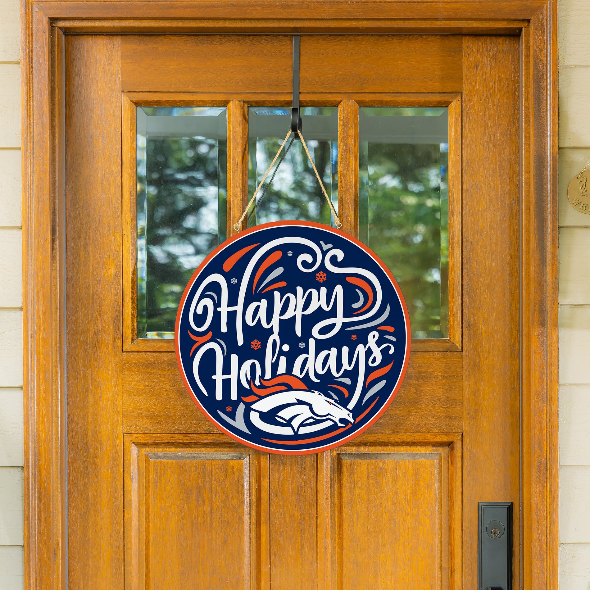 Denver Broncos 18" Happy Holidays Wooden Round Door Sign
