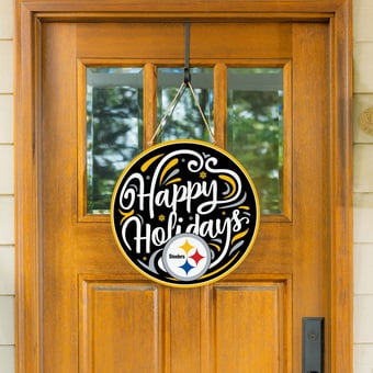 "Pittsburgh Steelers 18"" Happy Holidays Wooden Round Door Sign"