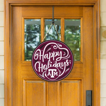 "Texas A&M Aggies 18"" Happy Holidays Wooden Round Door Sign"