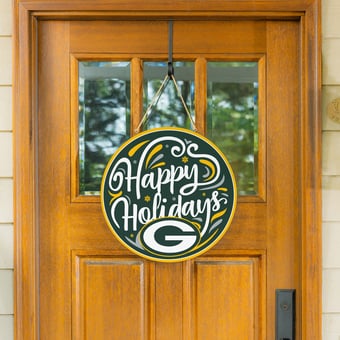 "Green Bay Packers 18"" Happy Holidays Wooden Round Door Sign"