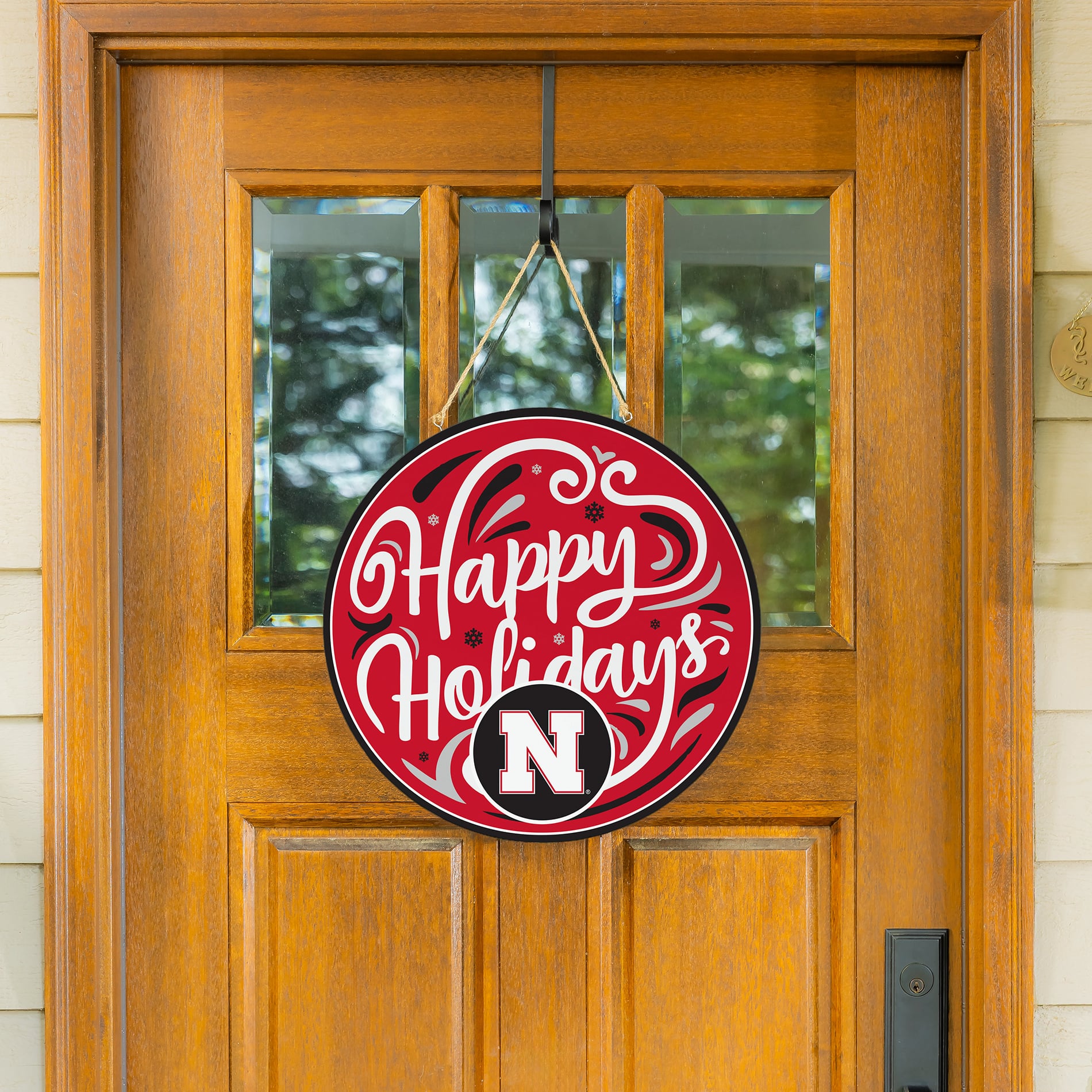 Nebraska Huskers 18" Happy Holidays Wooden Round Door Sign