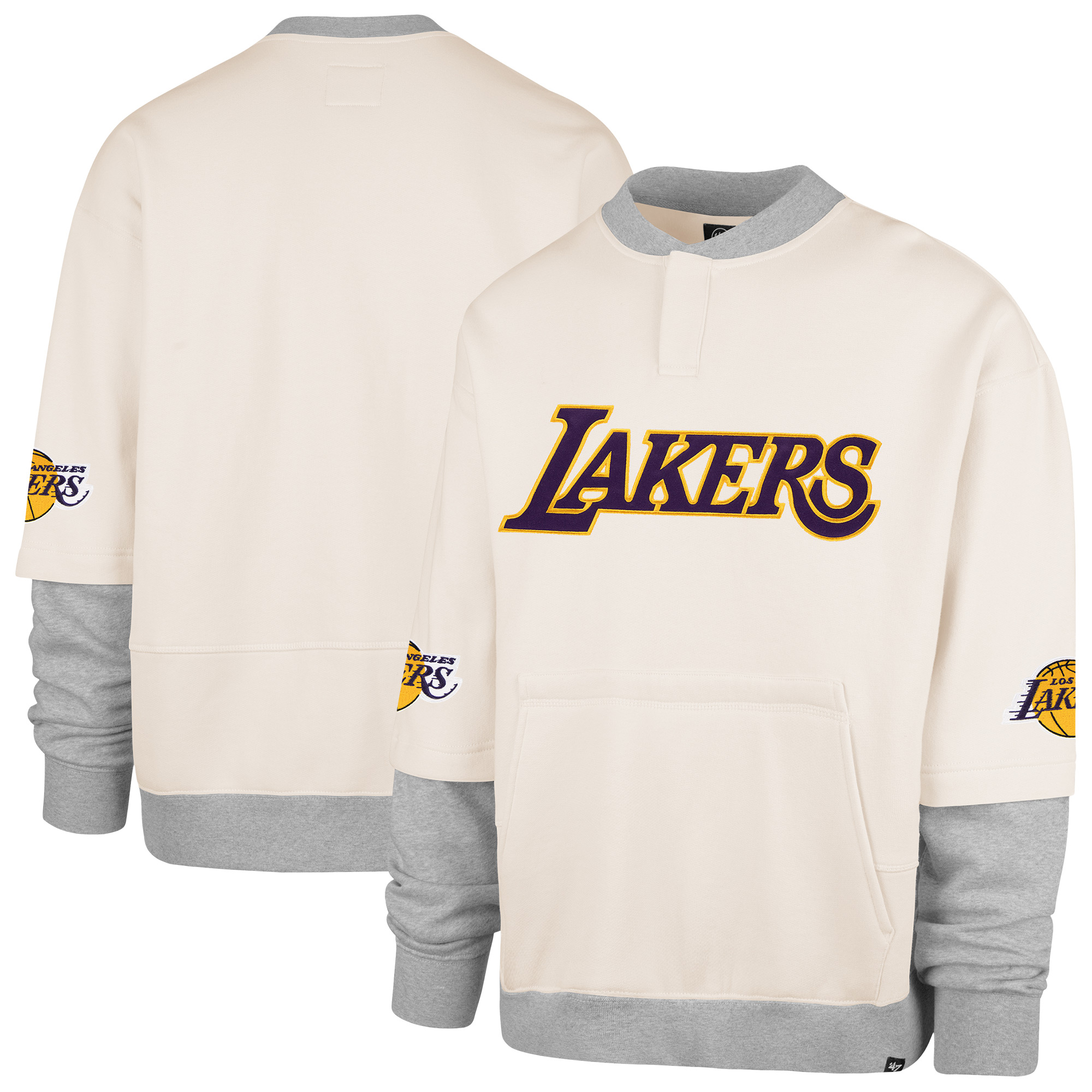 Men's '47 Cream Los Angeles Lakers Crossover Collection Trifecta Double Layered Fleece Sweatshirt