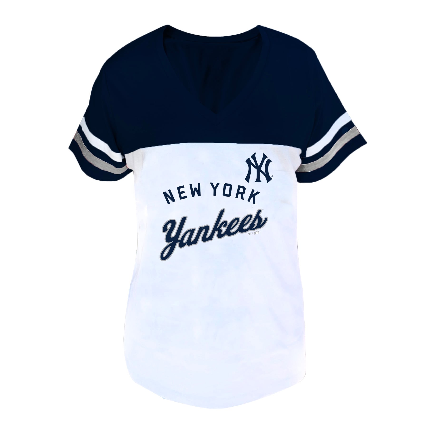 Women's Profile White/Navy New York Yankees Plus Size Two-Stripe V-Neck T-Shirt