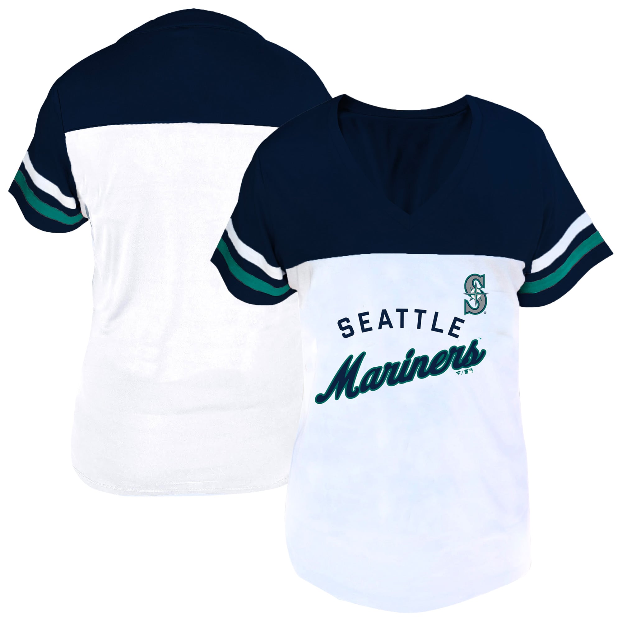 Women's Profile White/Navy Seattle Mariners Plus Size Two-Stripe V-Neck T-Shirt