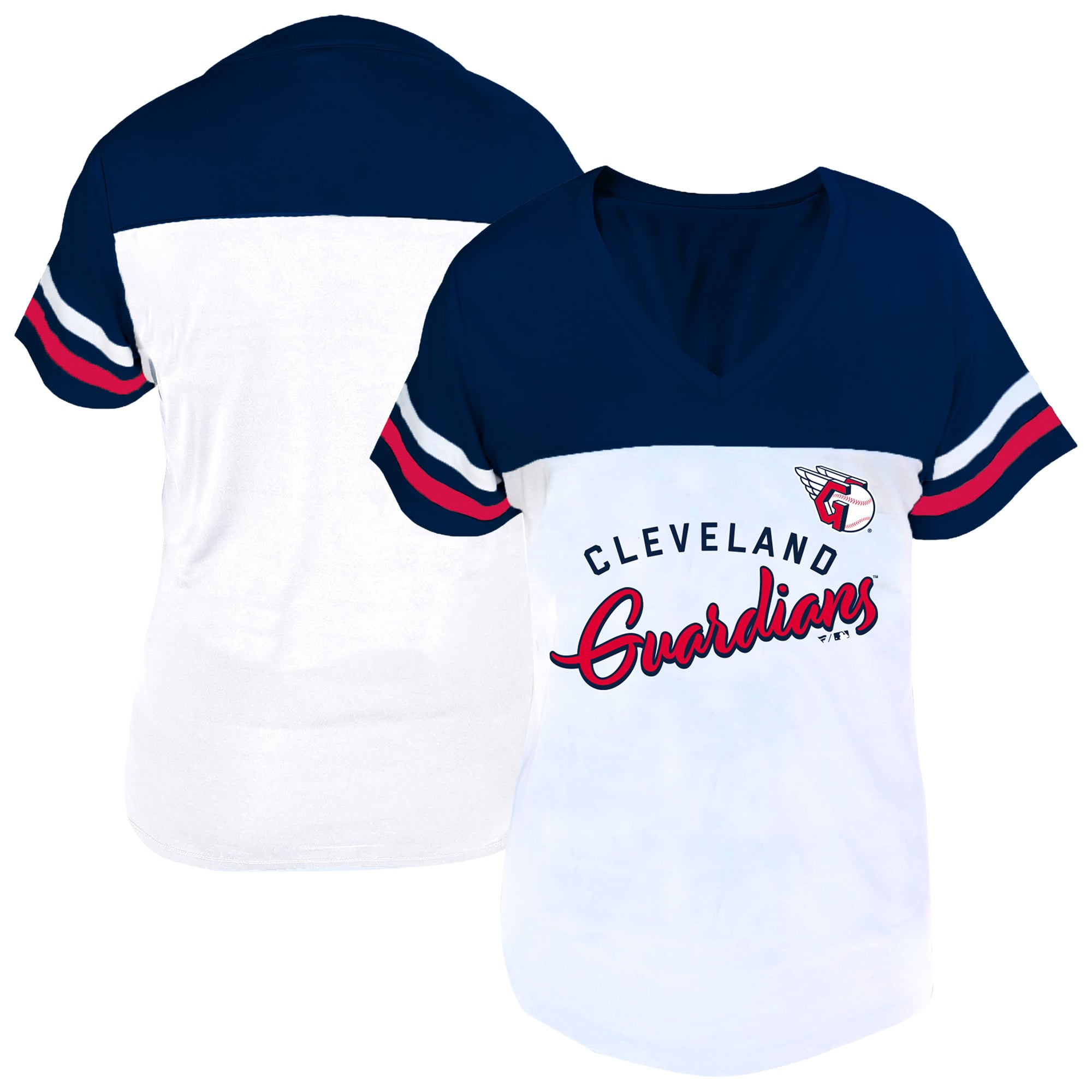 Women's Profile White/Navy Cleveland Guardians Plus Size Two-Stripe V-Neck T-Shirt