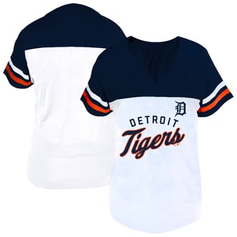 Women's Profile White/Navy Detroit Tigers Plus Size Two-Stripe V-Neck T-Shirt