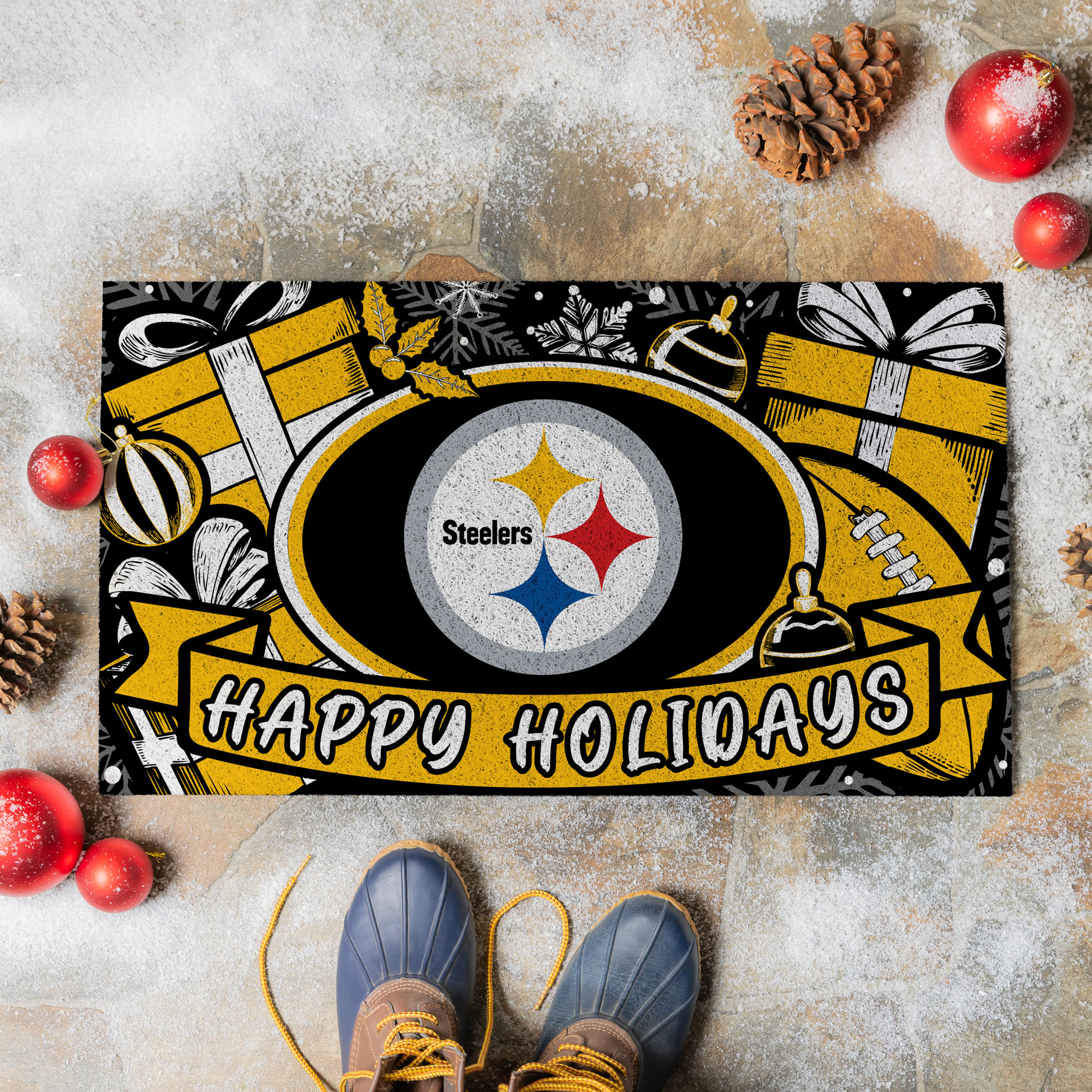 Pittsburgh Steelers 28" x 16" Happy Holidays Christmas Turf Door Mat