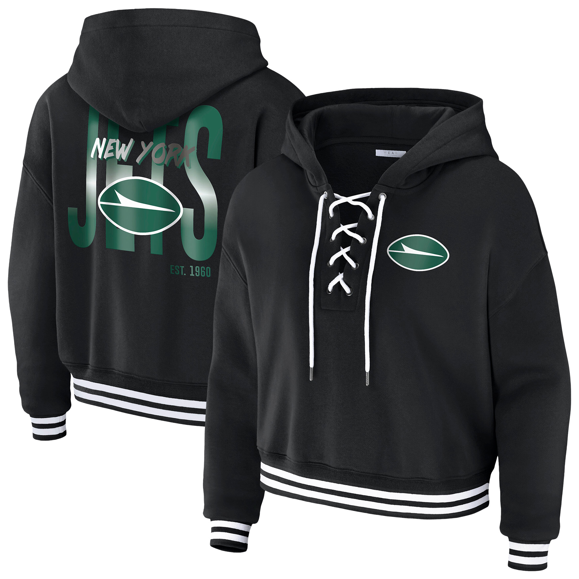 Women's WEAR by Erin Andrews Black New York Jets Lace-Up Fleece Hoodie