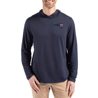 Men's Cutter & Buck Navy New England Patriots Americana Coastline Epic Comfort Eco Recycled Long Sleeve Hoodie T-Shirt
