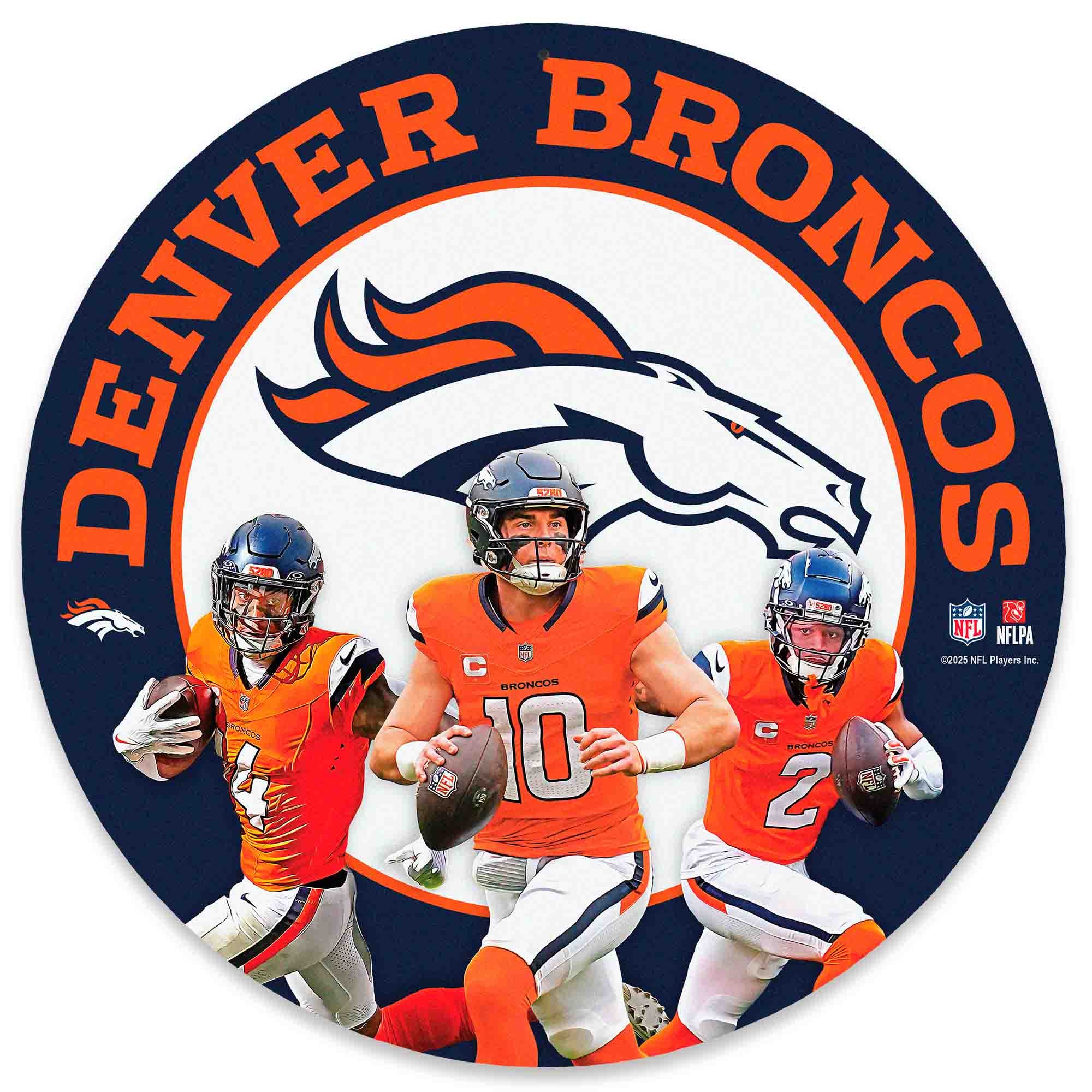 Denver Broncos Pat Surtain II, Bo Nix & Courtland Sutton Team Stars 11″ Round Metal Sign Denver Broncos Pat Surtain II, Bo Nix & Courtland Sutton Team Stars 11″ Round Metal Sign