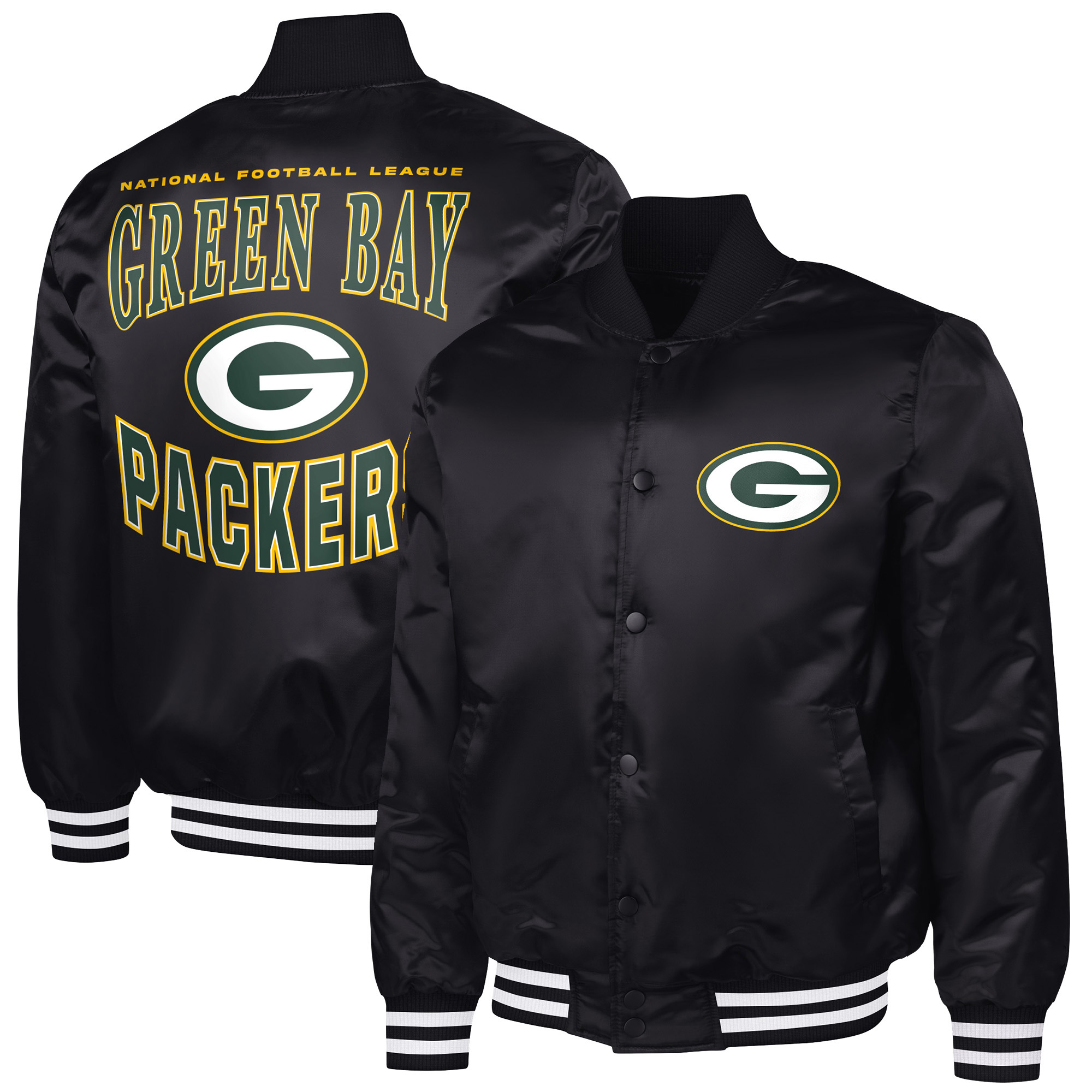 Men's G-III Sports by Carl Banks Black Green Bay Packers Adaptive Team Graphic Satin Full-Snap Varsity Jacket