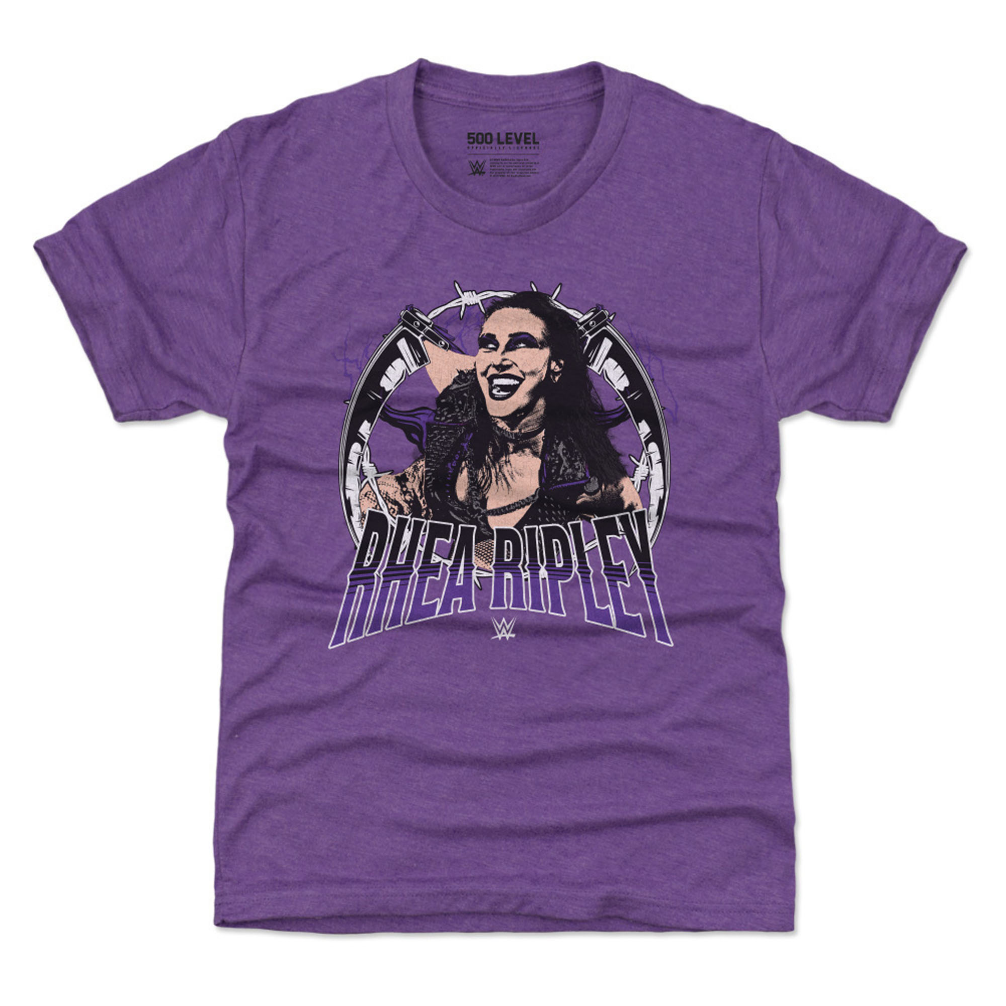 Youth 500 Level Heather Purple Rhea Ripley Posterize T-Shirt Youth 500 Level Heather Purple Rhea Ripley Posterize T-Shirt