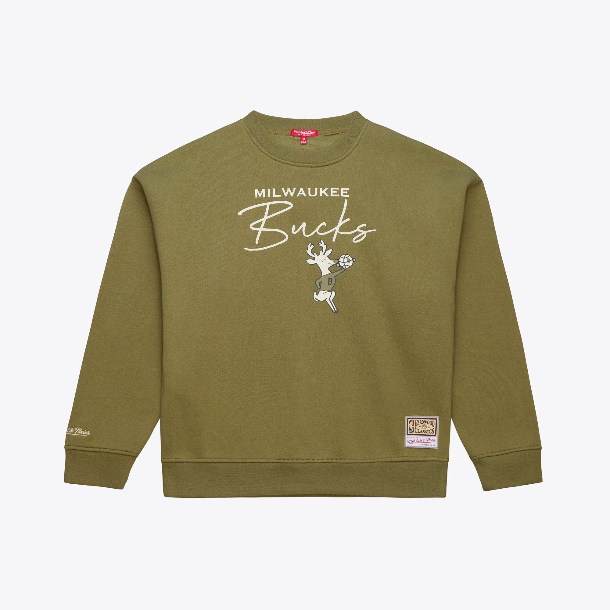 Women's Mitchell & Ness Olive Milwaukee Bucks Lightweight Script Sweatshirt