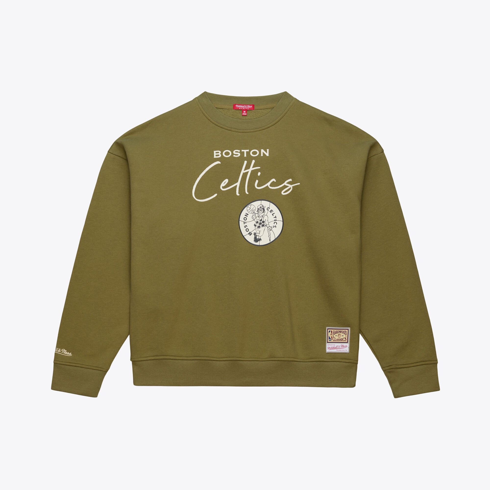 Women's Mitchell & Ness  Olive Boston Celtics Lightweight Script Sweatshirt