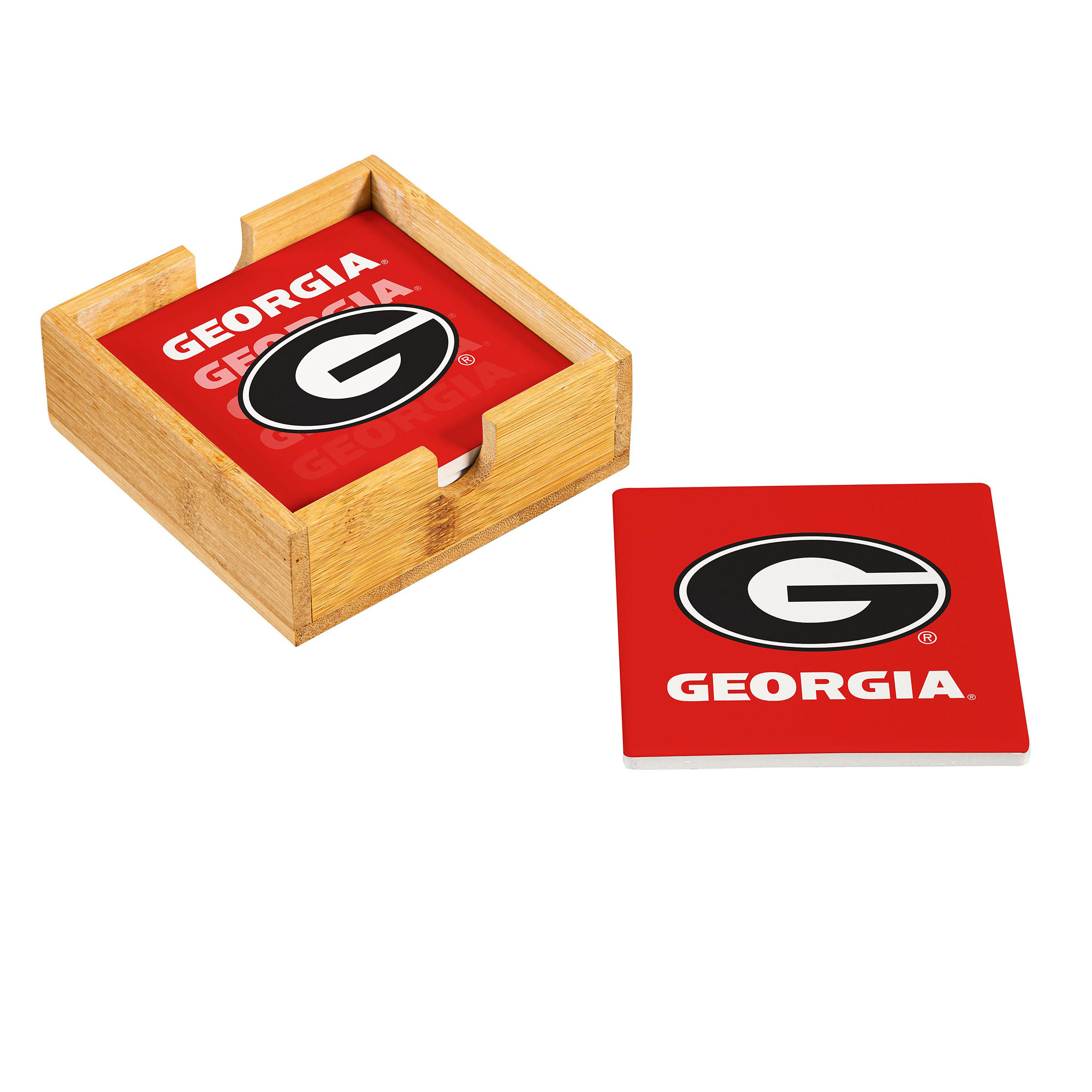 Georgia Bulldogs Four-Piece Ceramic Coaster Set with Wood Caddy