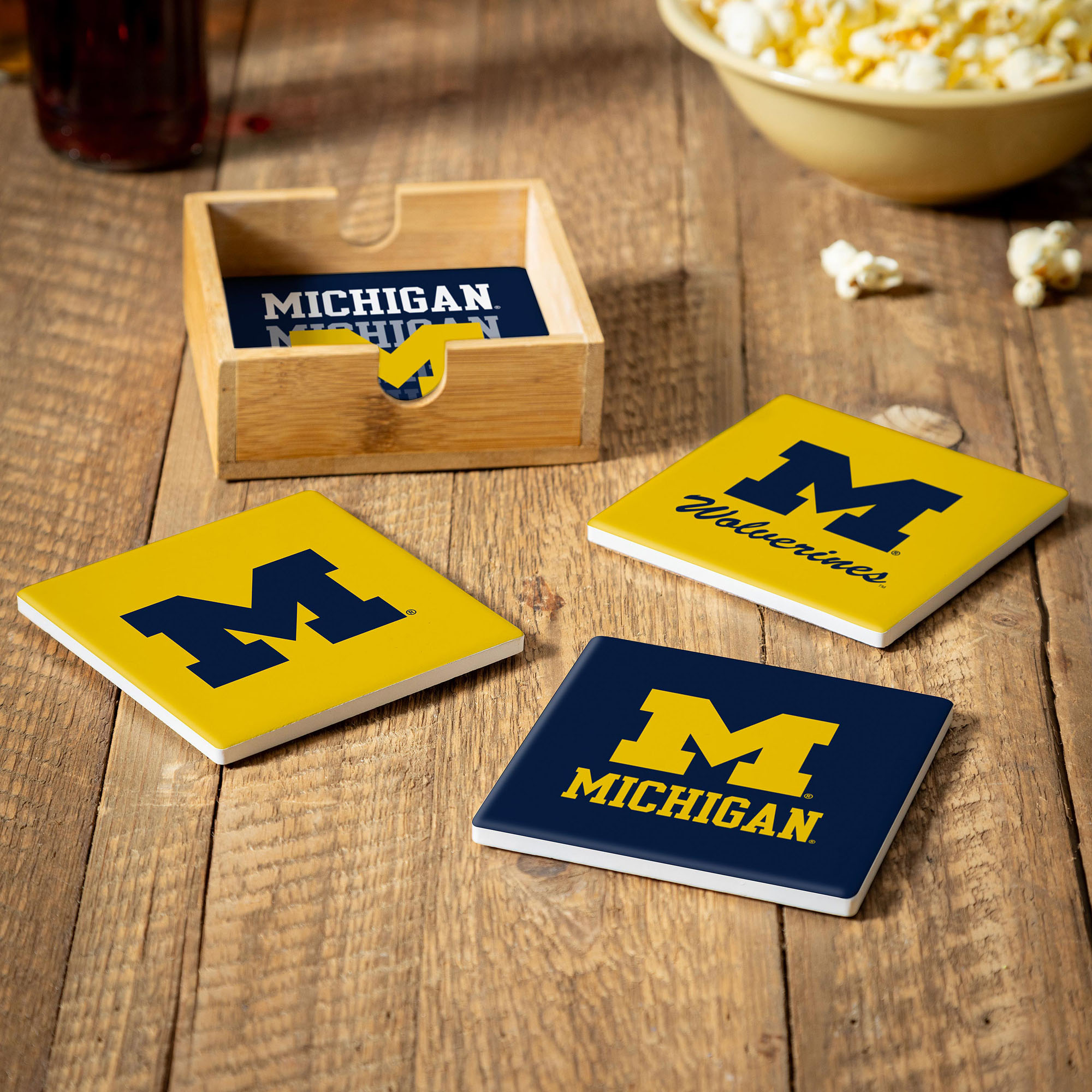 Michigan Wolverines Four-Piece Ceramic Coaster Set with Wood Caddy