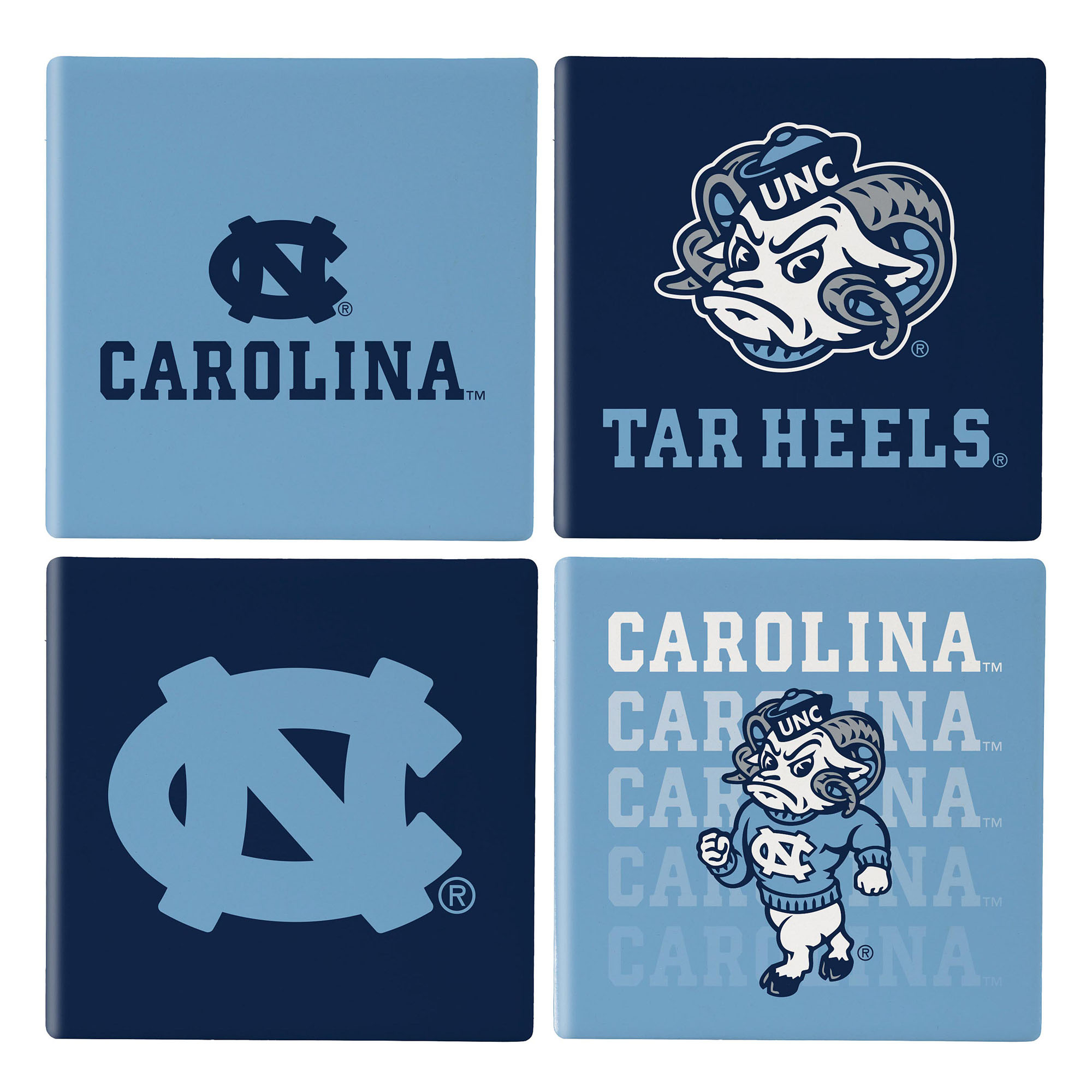 North Carolina Tar Heels Four-Piece Ceramic Coaster Set with Wood Caddy