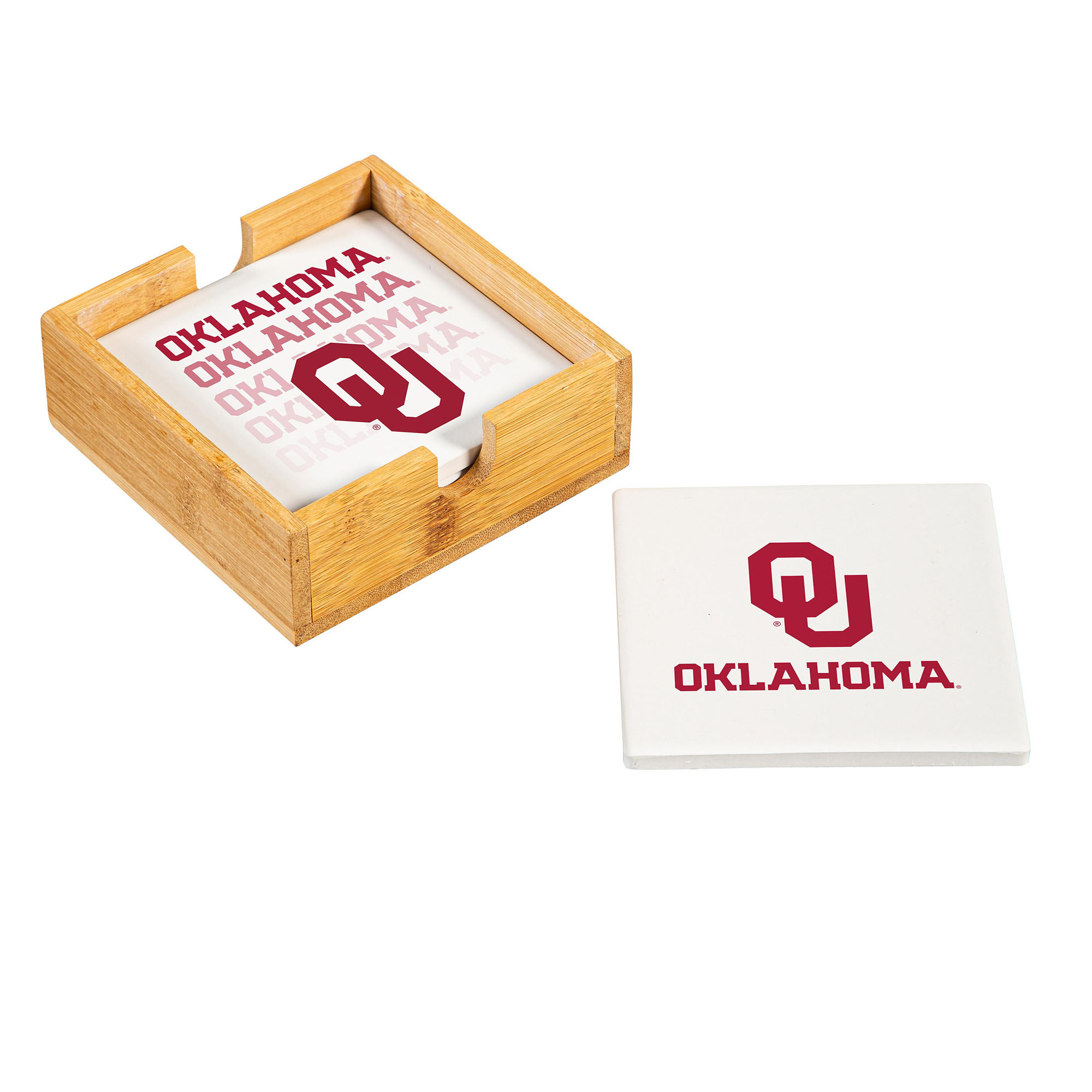 Oklahoma Sooners Four-Piece Ceramic Coaster Set with Wood Caddy