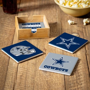 Dallas Cowboys Four-Piece Ceramic Coaster Set with Wood Caddy