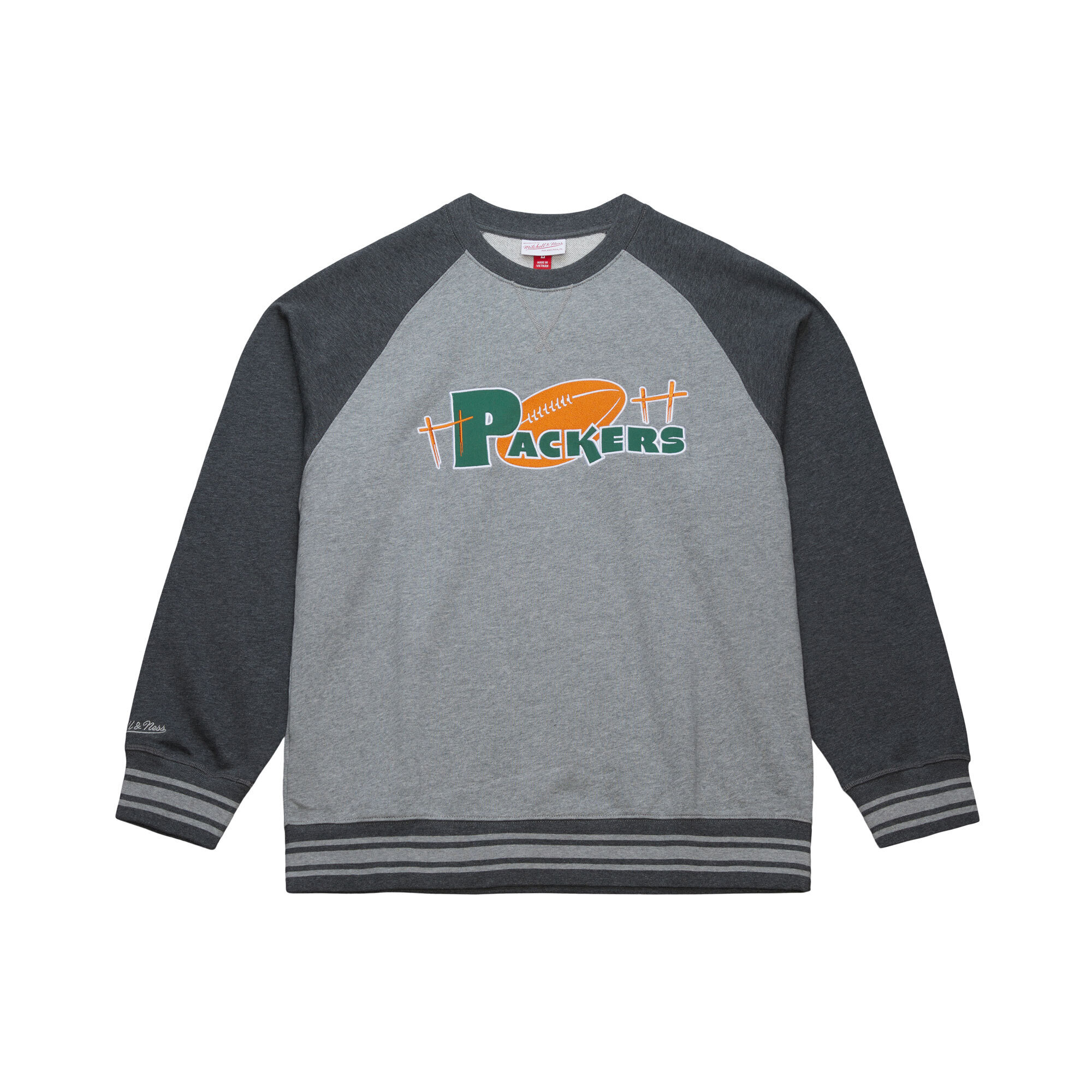 Men's Mitchell & Ness Heather Gray Green Bay Packers Vintage Logo Legacy Collection Raglan Fleece Sweatshirt