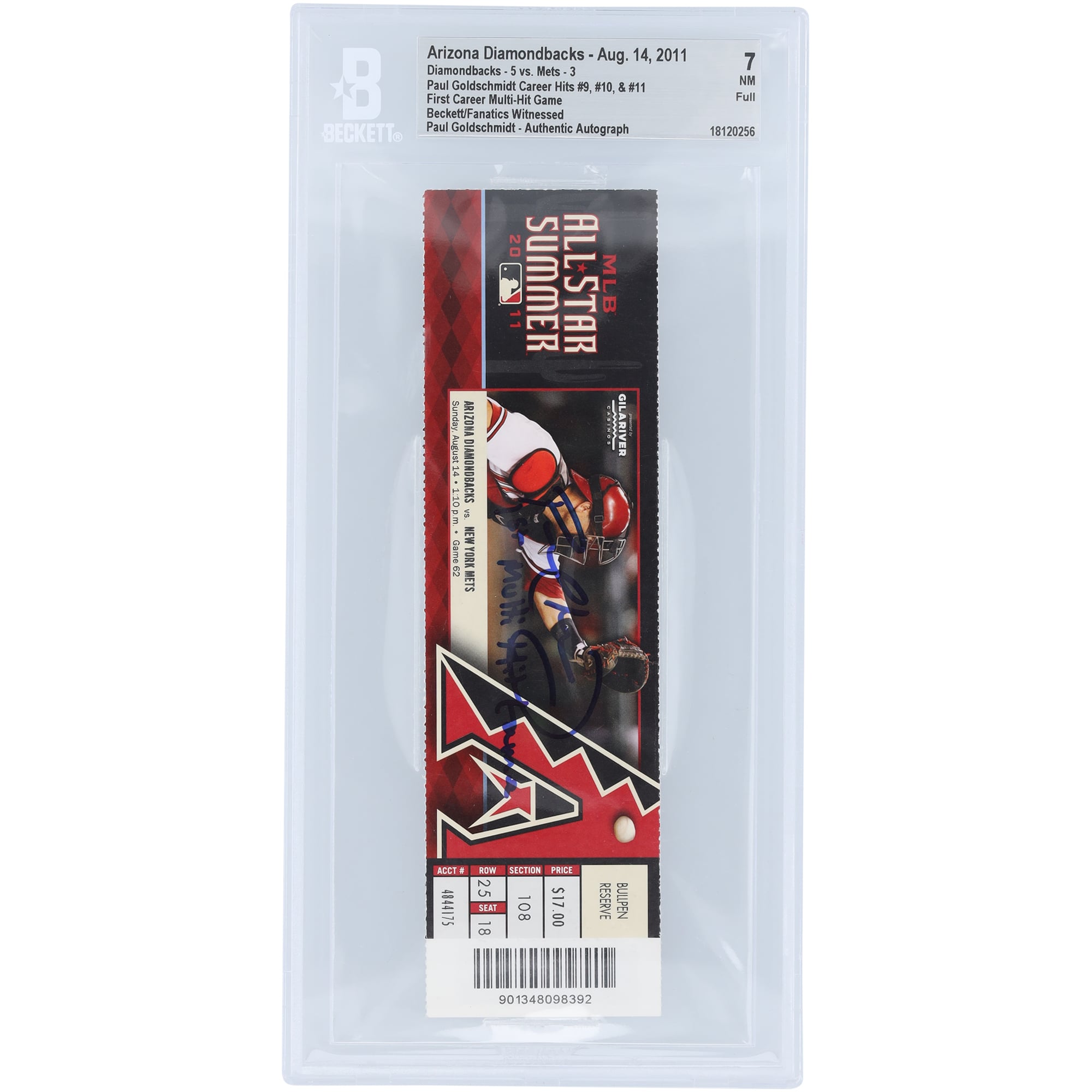 Paul Goldschmidt Arizona Diamondbacks Autographed Career Hit #9, 10 & 11 Beckett Fanatics Witnessed Authenticated NM 7 Ticket from August 14, 2011 with "1st Multi Hit Game" Inscription
