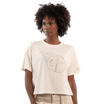 Women's Starter Cream Cleveland Guardians Rhinestone Sprinkle Boxy Cropped T-Shirt