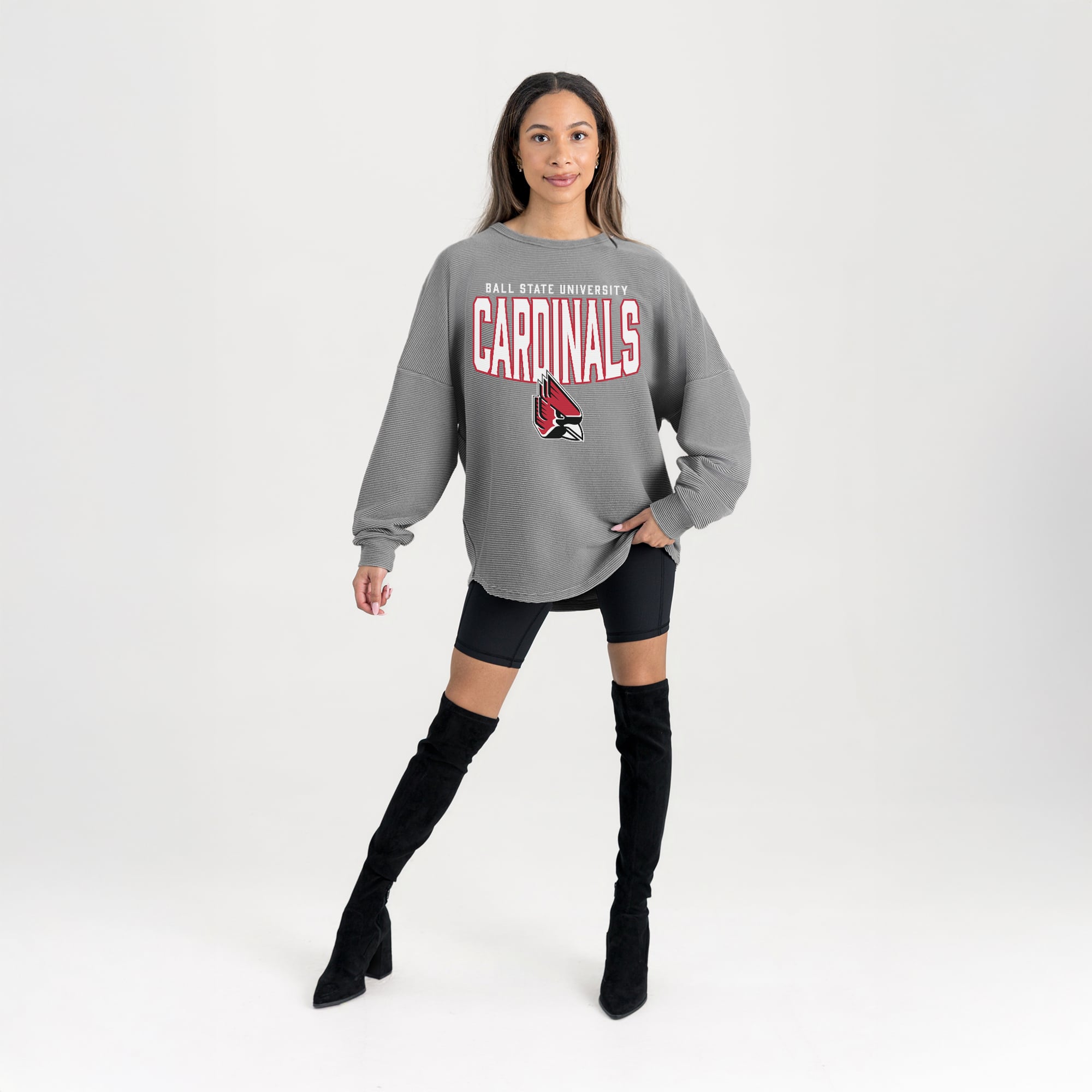 Women's Gameday Couture Gray Ball State Cardinals Oversized Pure Motion Corded Sweatshirt