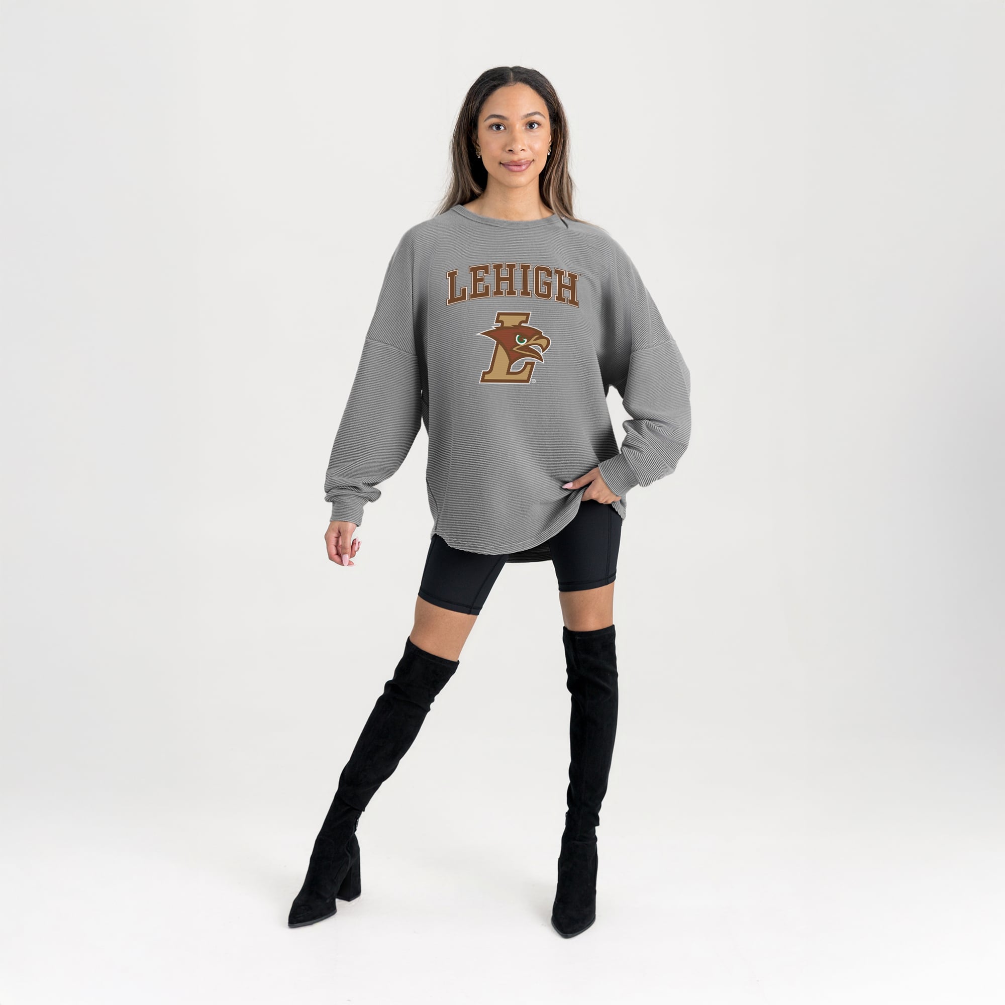 Women's Gameday Couture Gray Lehigh Mountain Hawks Oversized Pure Motion Corded Sweatshirt