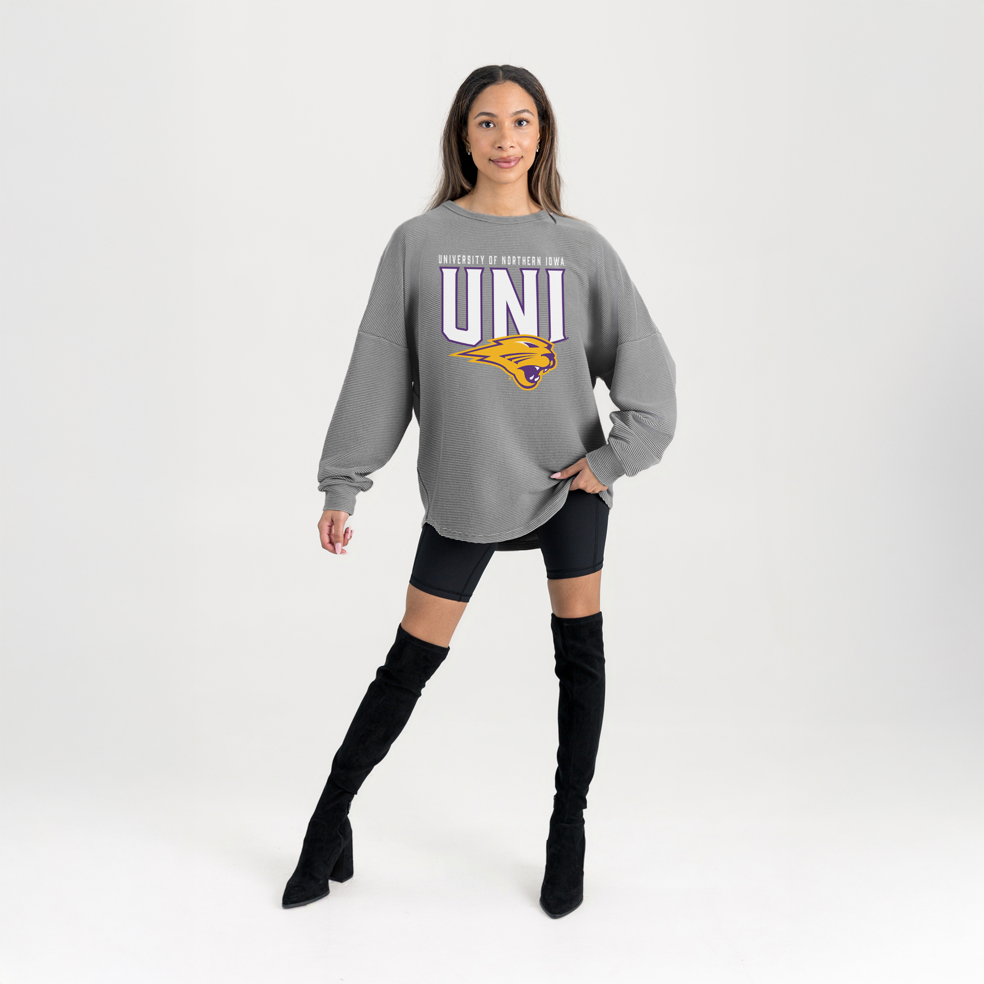 Women's Gameday Couture Gray Northern Iowa Panthers Oversized Pure Motion Corded Sweatshirt