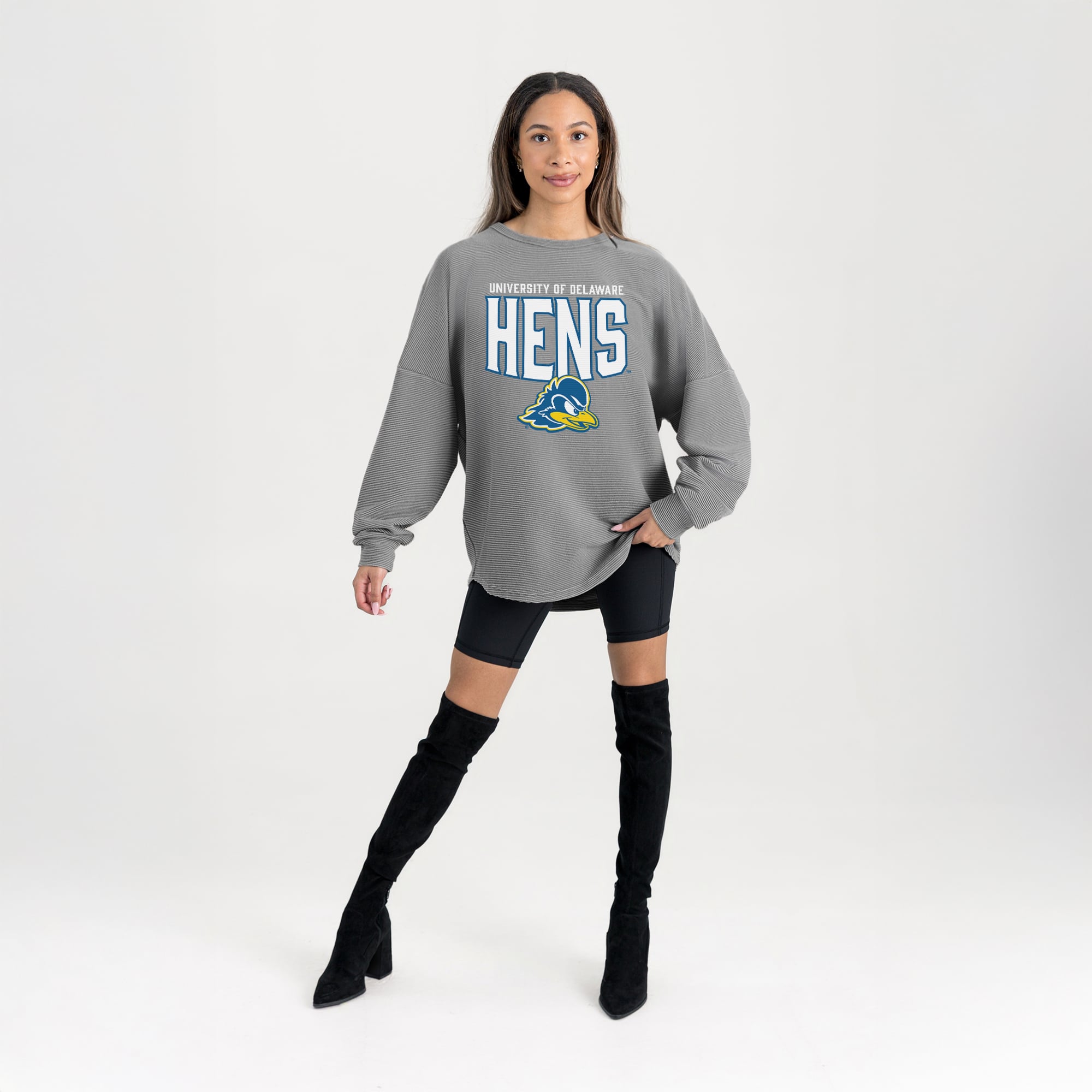 Women's Gameday Couture Gray Delaware Fightin' Blue Hens Oversized Pure Motion Corded Sweatshirt