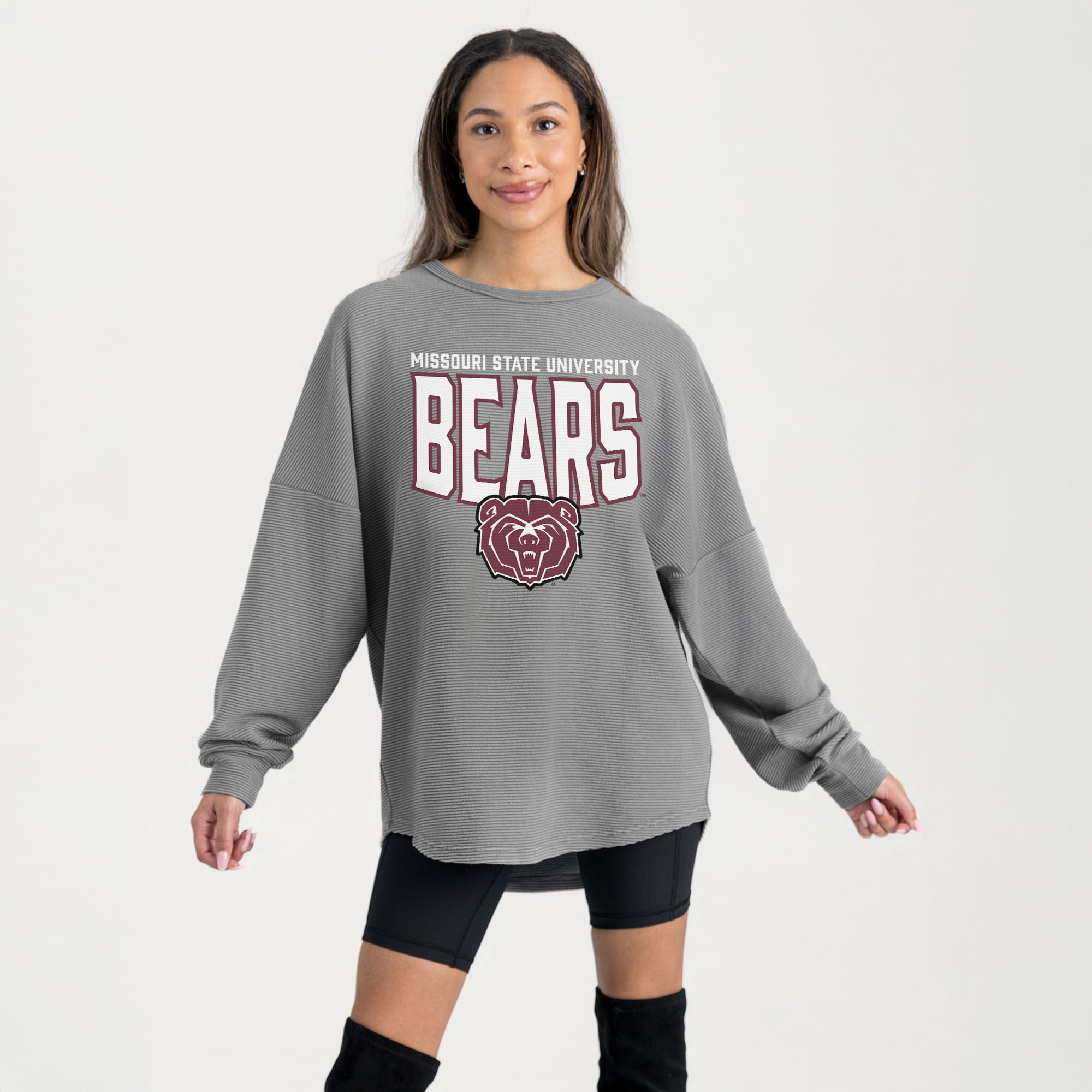 Women's Gameday Couture Gray Missouri State University Bears Oversized Pure Motion Corded Sweatshirt
