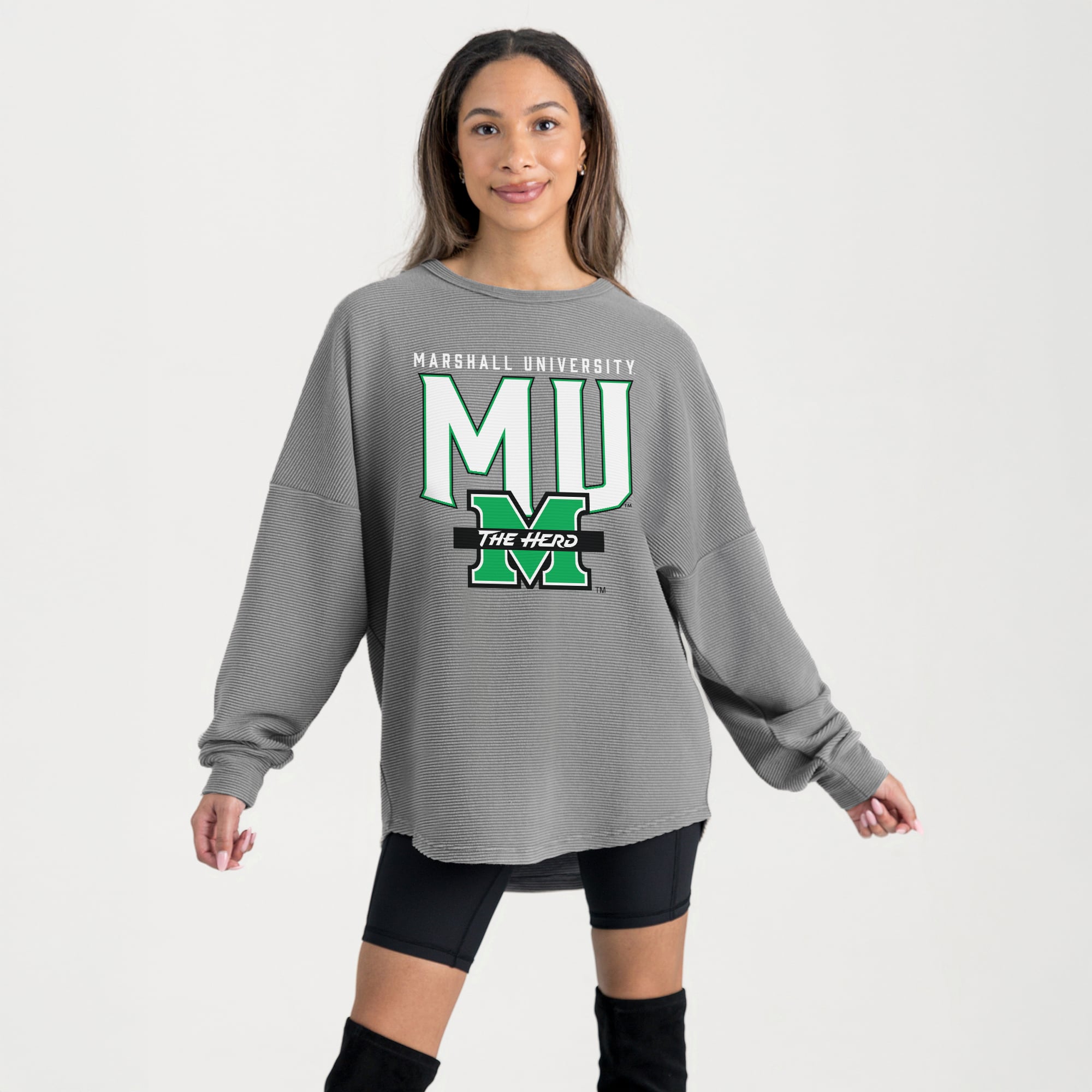Women's Gameday Couture Gray Marshall Thundering Herd Oversized Pure Motion Corded Sweatshirt