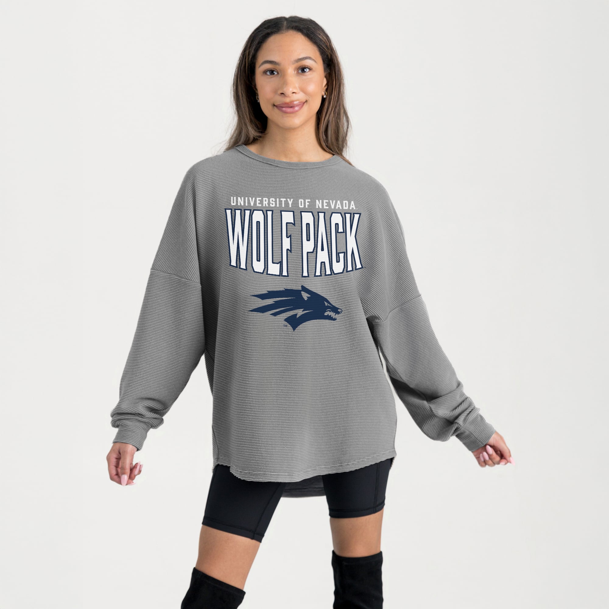 Women's Gameday Couture Gray Nevada Wolf Pack Oversized Pure Motion Corded Sweatshirt